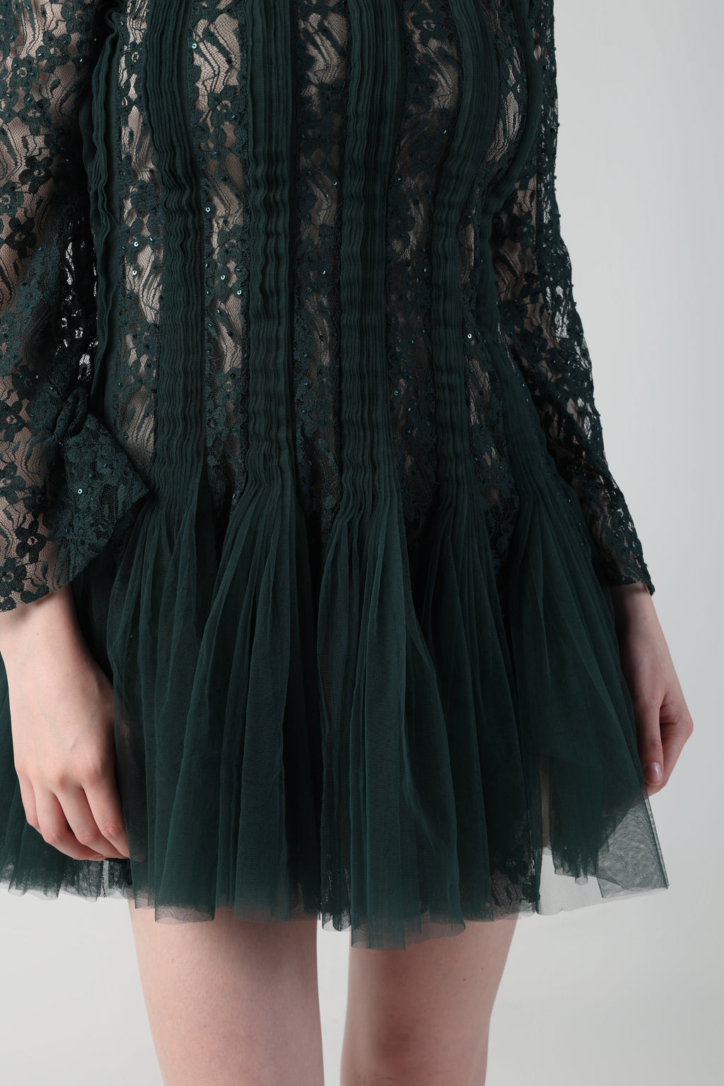 ZARIA DARK GREEN 3D SHOULDER FLOWER LACE TULLE DRESS