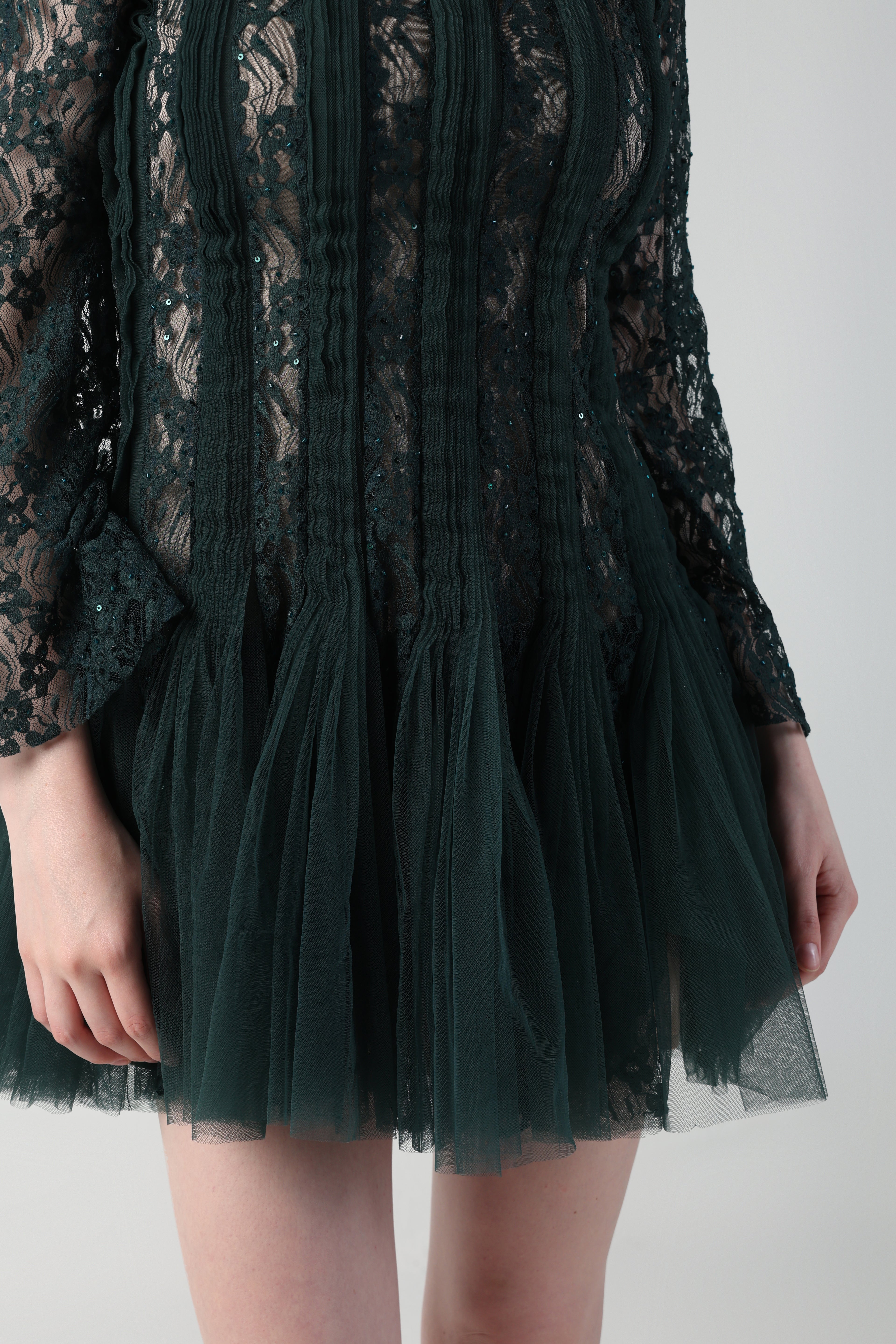 ZARIA DARK GREEN 3D SHOULDER FLOWER LACE TULLE DRESS