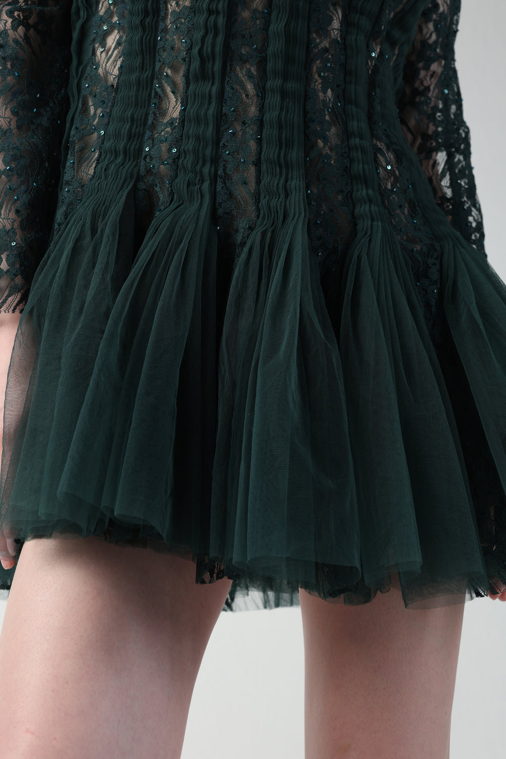 ZARIA DARK GREEN 3D SHOULDER FLOWER LACE TULLE DRESS