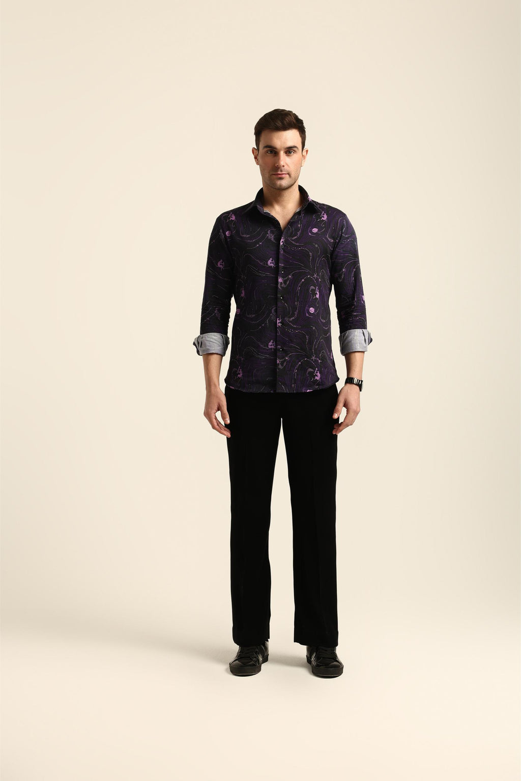 DRINKING MONKEY PRINTED PURPLE RHINESTONE SHIRT