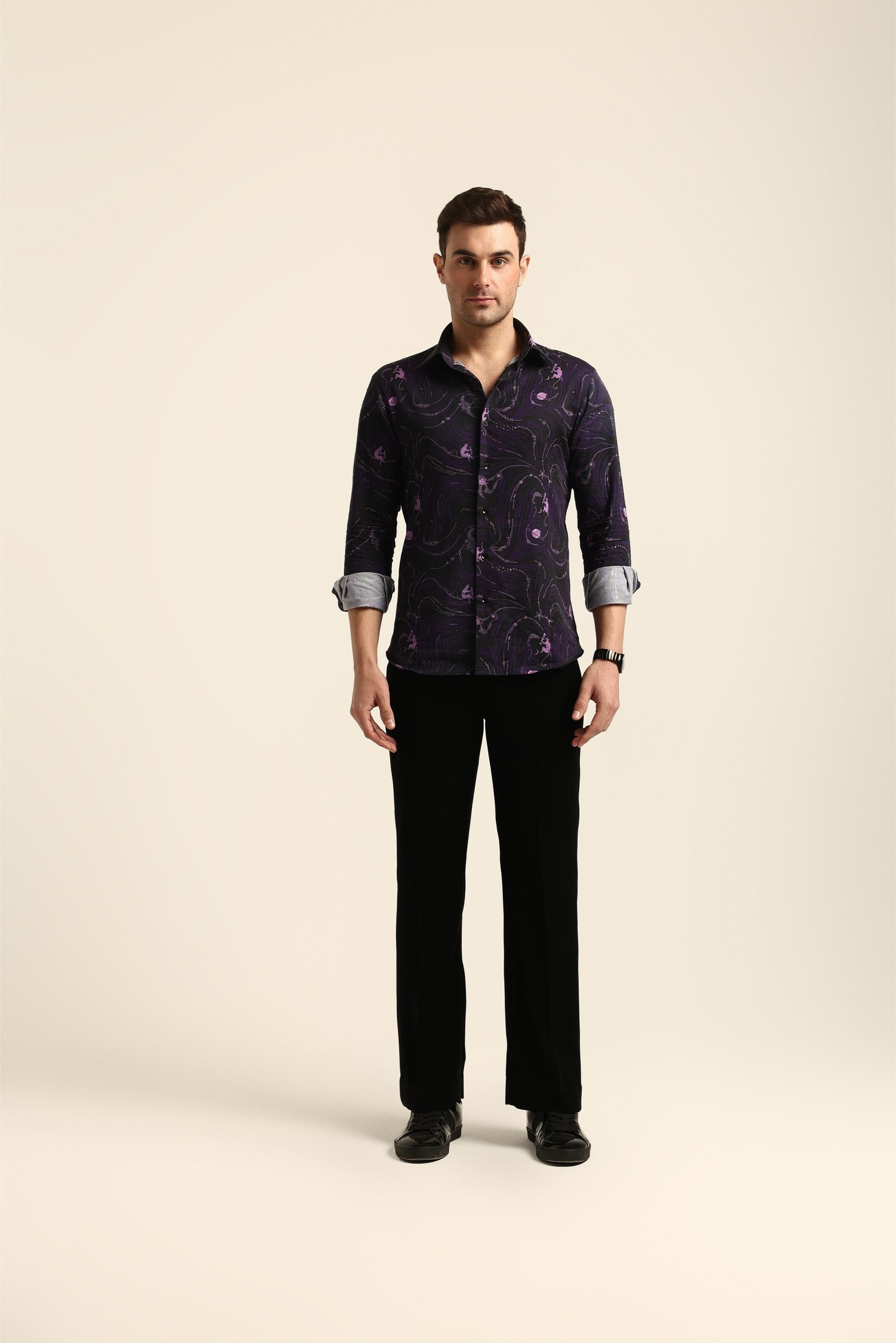 DRINKING MONKEY PRINTED PURPLE RHINESTONE SHIRT