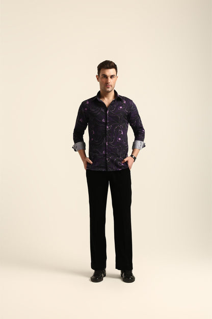 DRINKING MONKEY PRINTED PURPLE RHINESTONE SHIRT