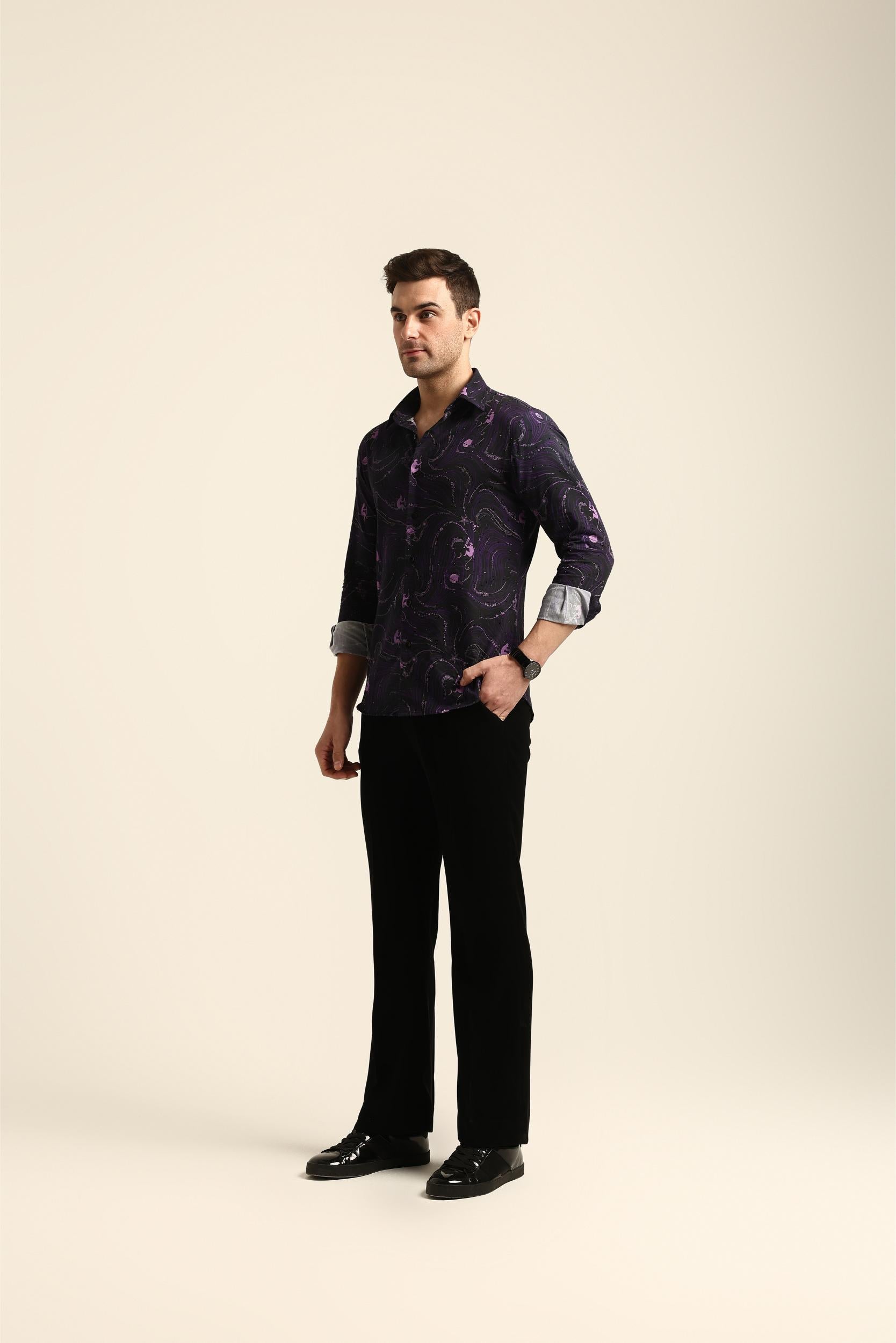 DRINKING MONKEY PRINTED PURPLE RHINESTONE SHIRT