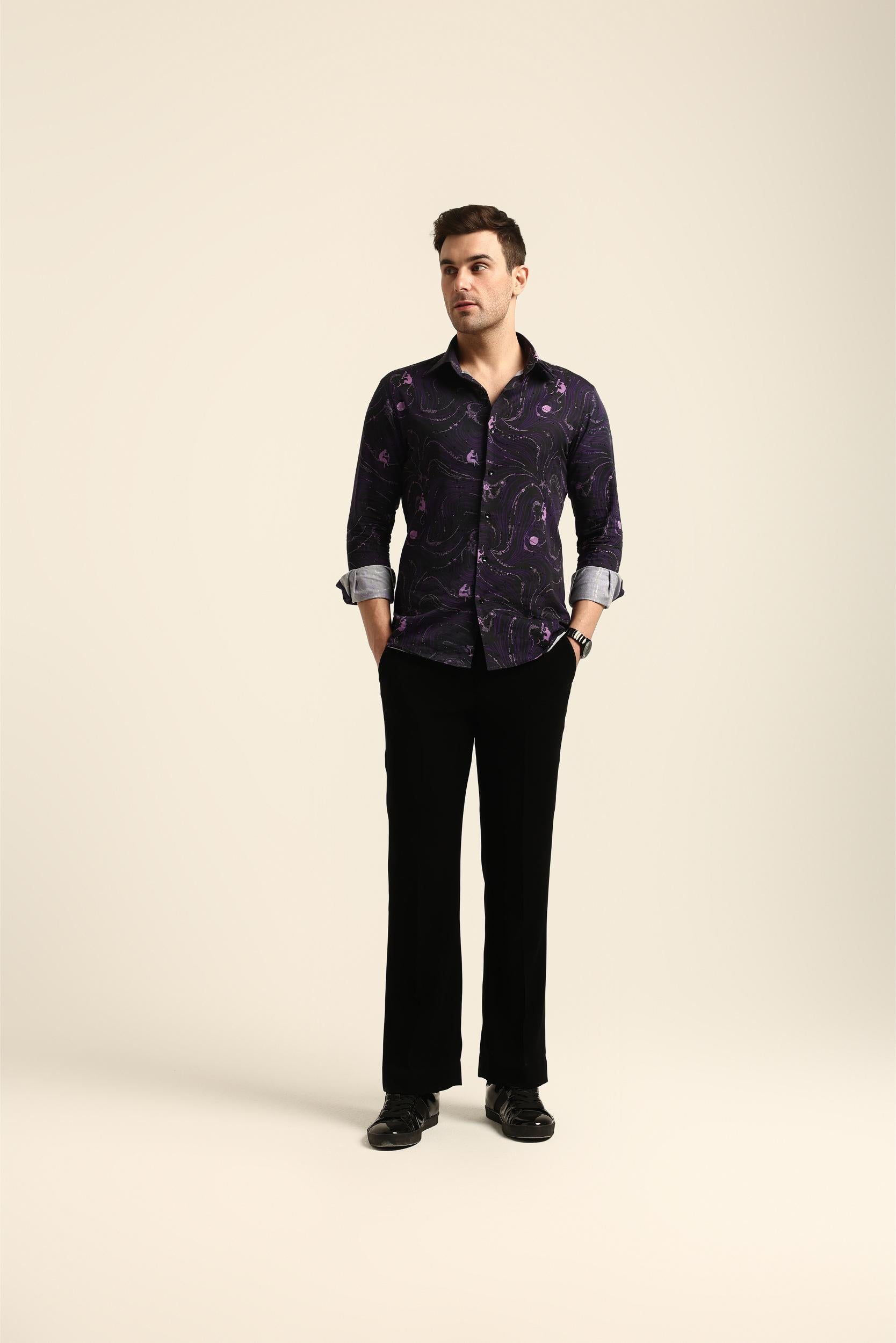 DRINKING MONKEY PRINTED PURPLE RHINESTONE SHIRT