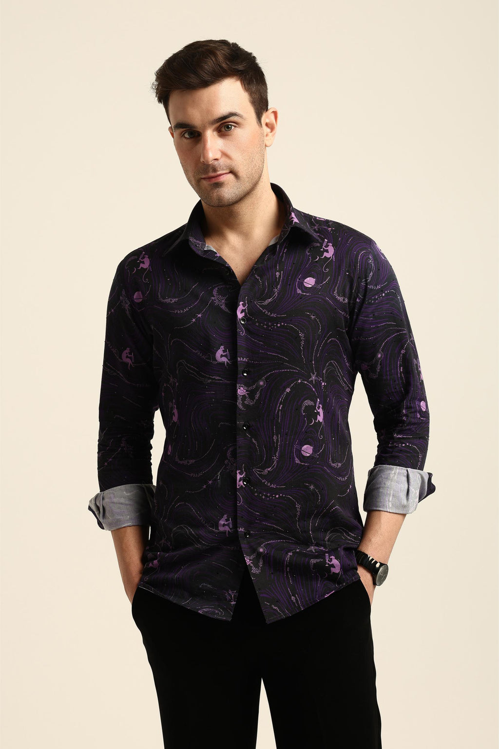 DRINKING MONKEY PRINTED PURPLE RHINESTONE SHIRT