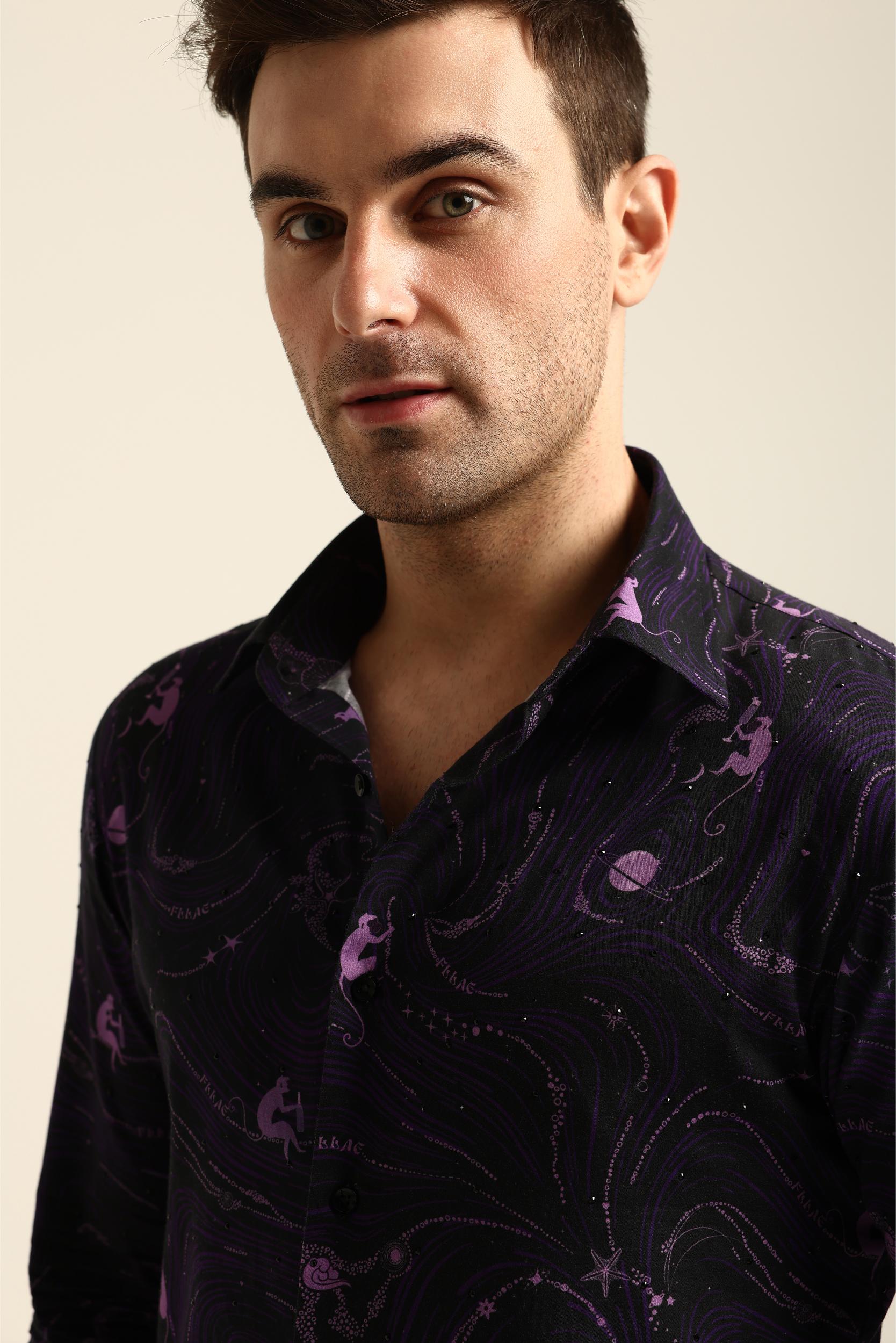 DRINKING MONKEY PRINTED PURPLE RHINESTONE SHIRT