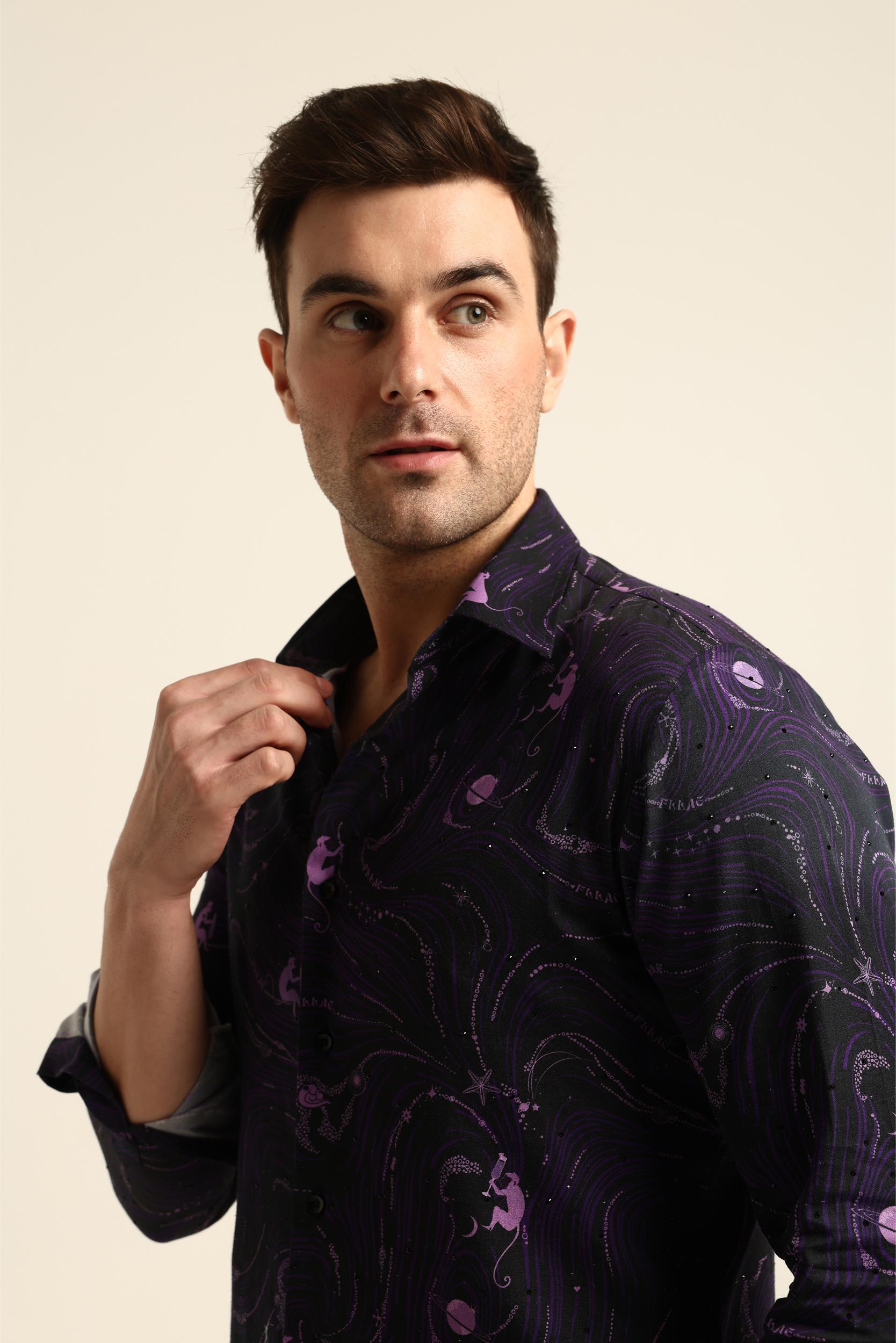 DRINKING MONKEY PRINTED PURPLE RHINESTONE SHIRT