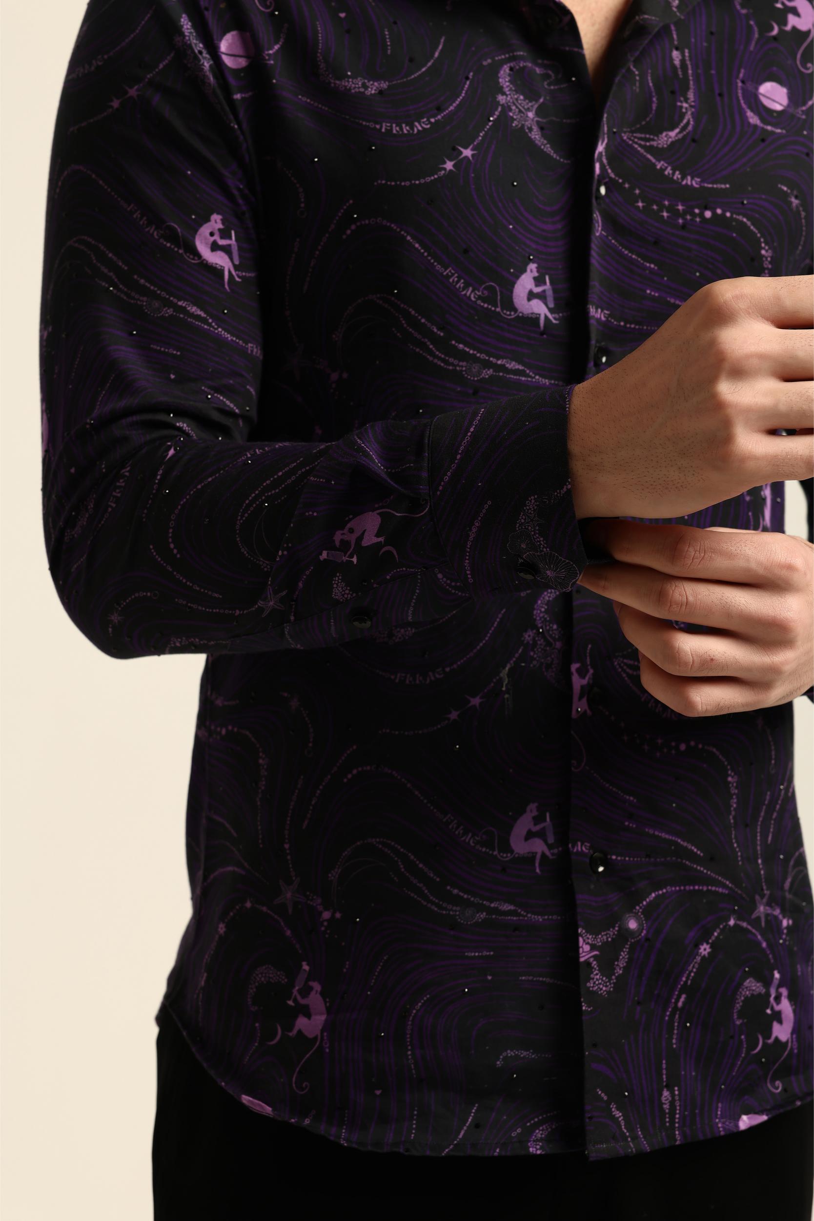 DRINKING MONKEY PRINTED PURPLE RHINESTONE SHIRT