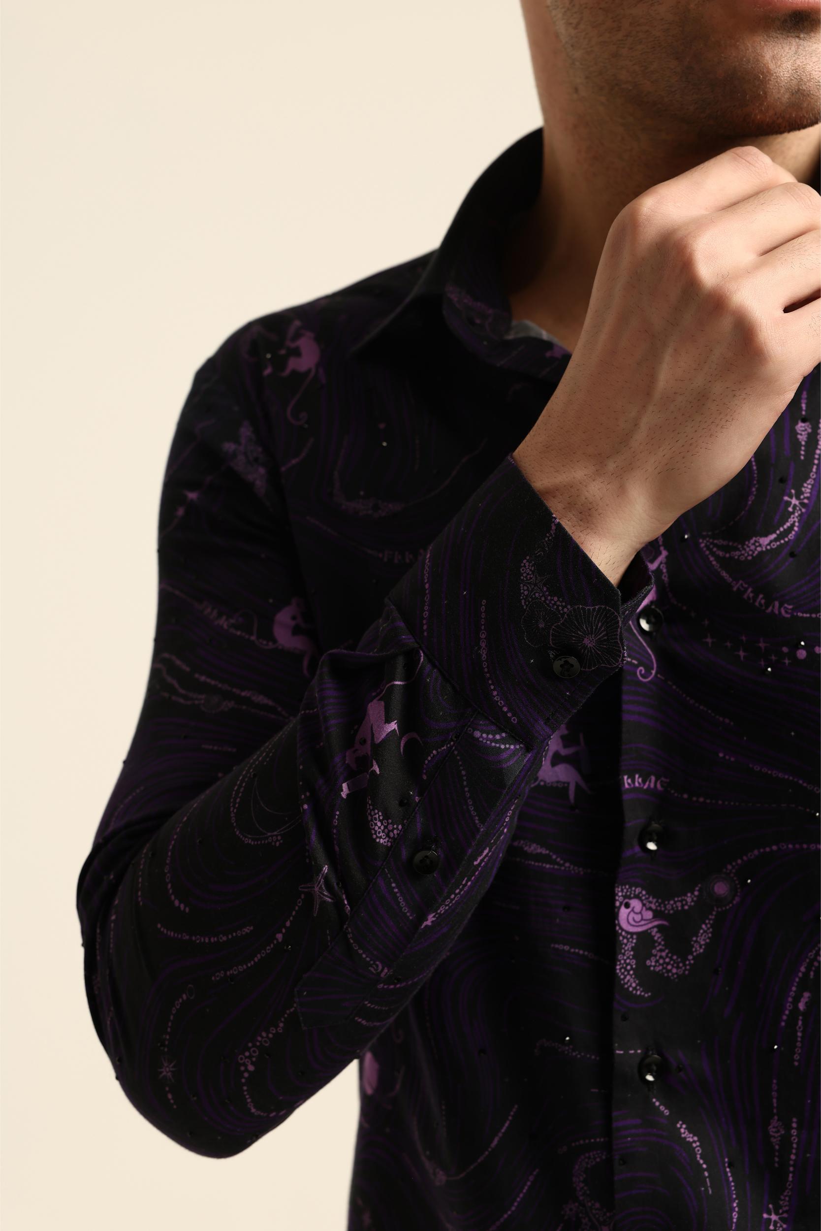 DRINKING MONKEY PRINTED PURPLE RHINESTONE SHIRT