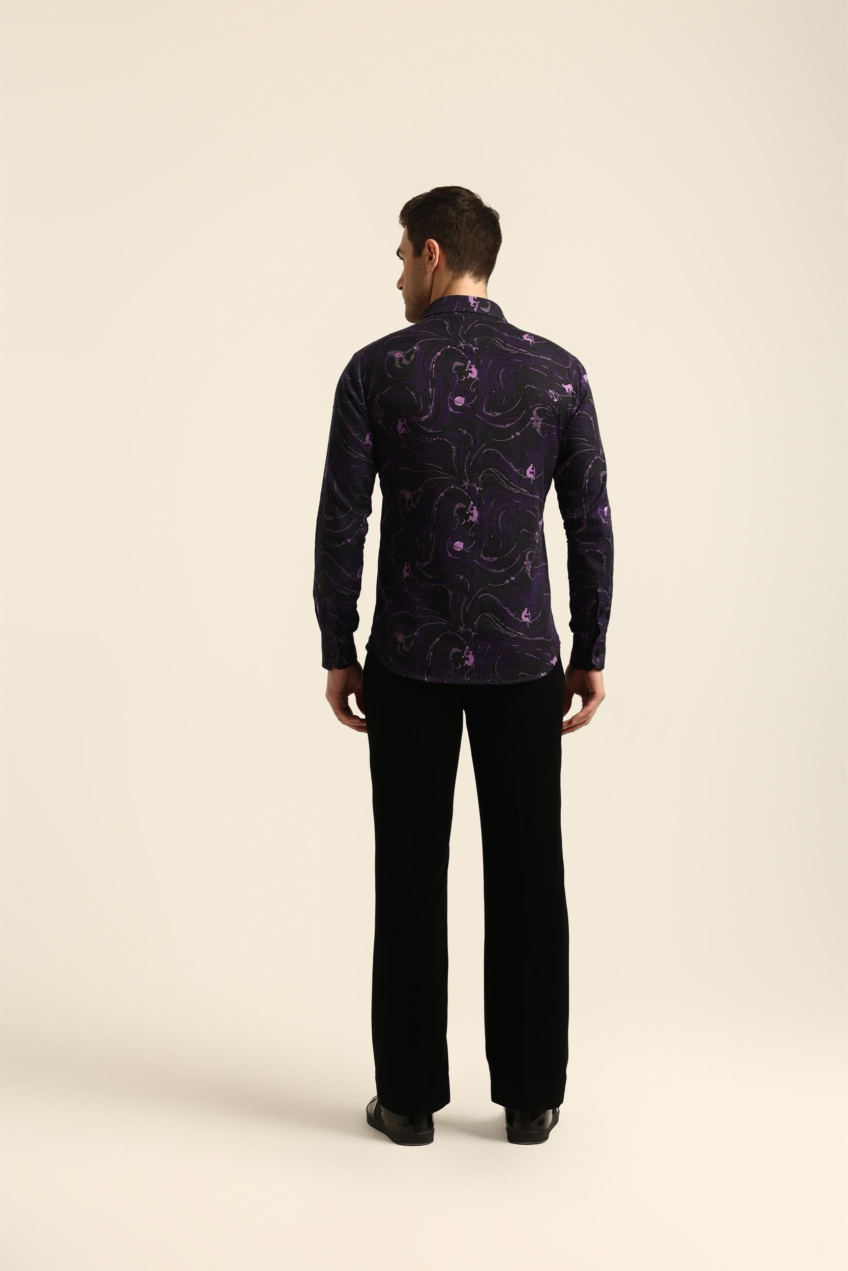 DRINKING MONKEY PRINTED PURPLE RHINESTONE SHIRT