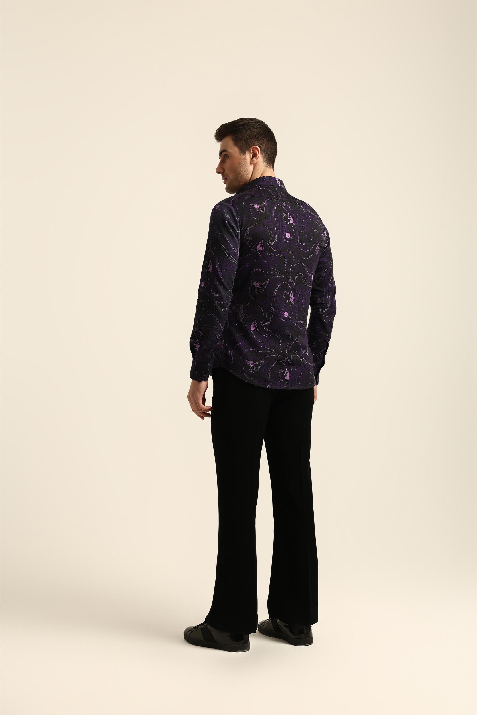 DRINKING MONKEY PRINTED PURPLE RHINESTONE SHIRT