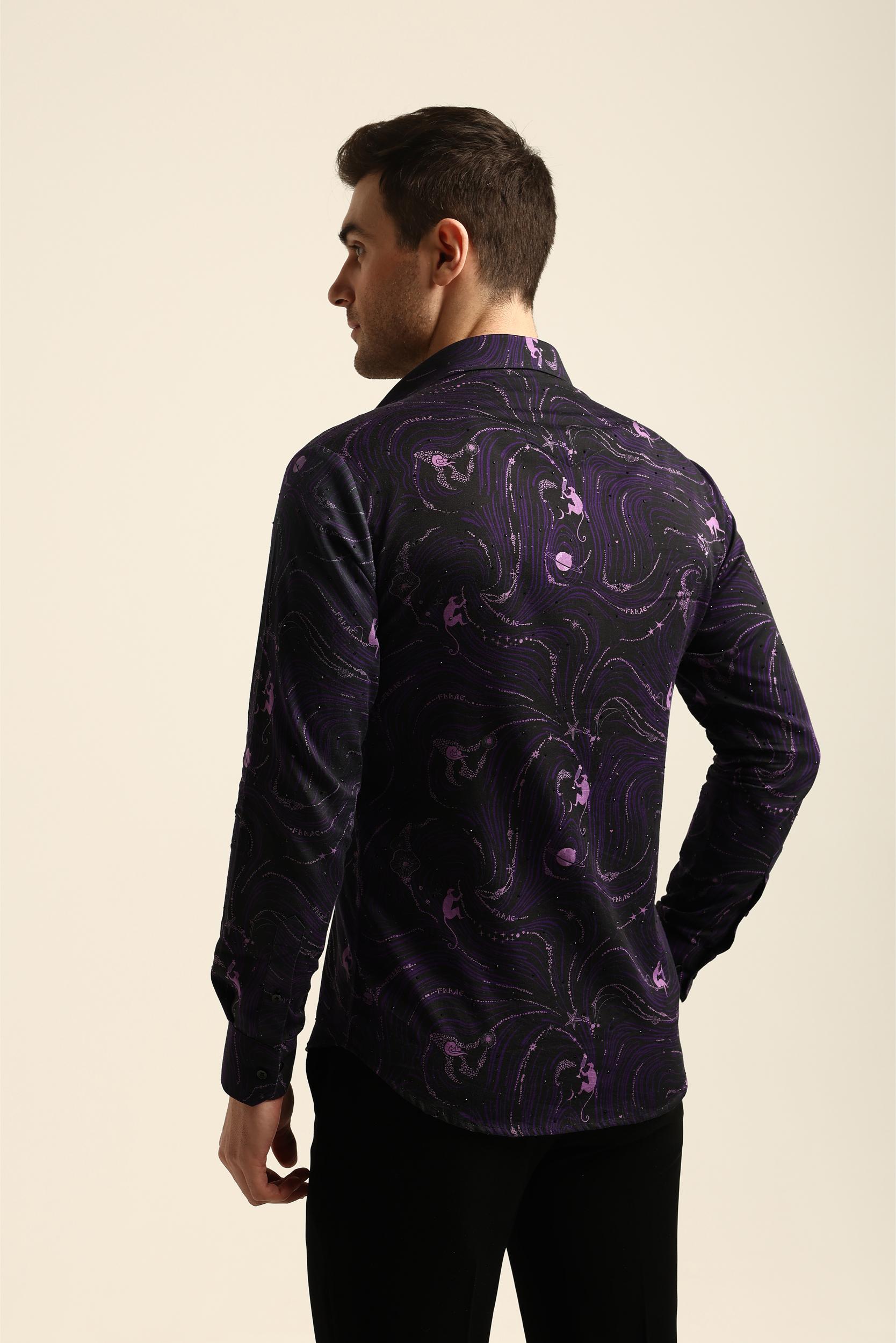 DRINKING MONKEY PRINTED PURPLE RHINESTONE SHIRT