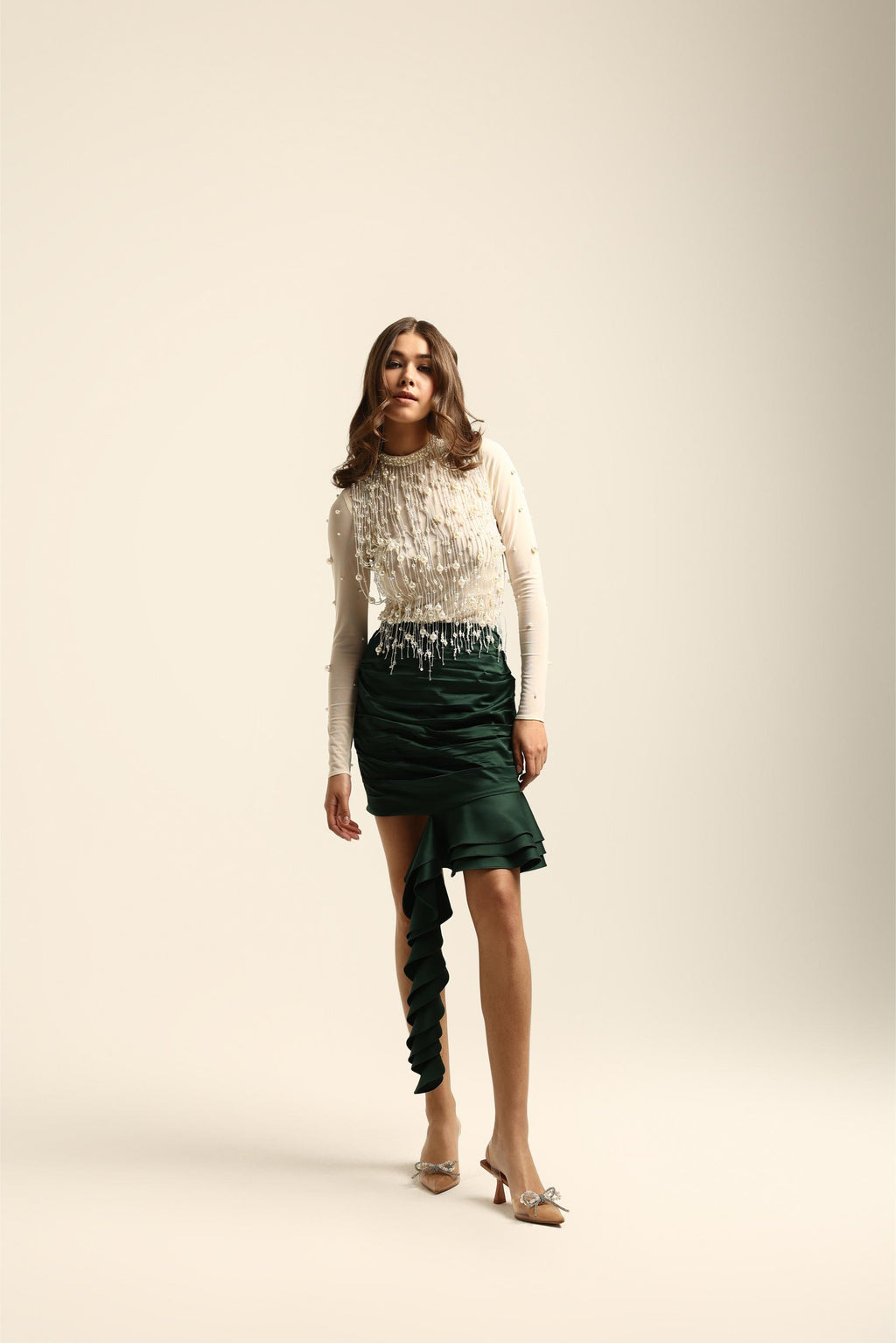 REYMA GREEN PLEATED RUFFLE SKIRT