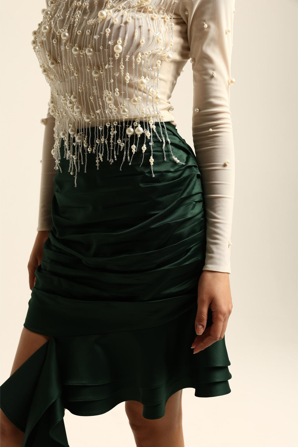 REYMA GREEN PLEATED RUFFLE SKIRT