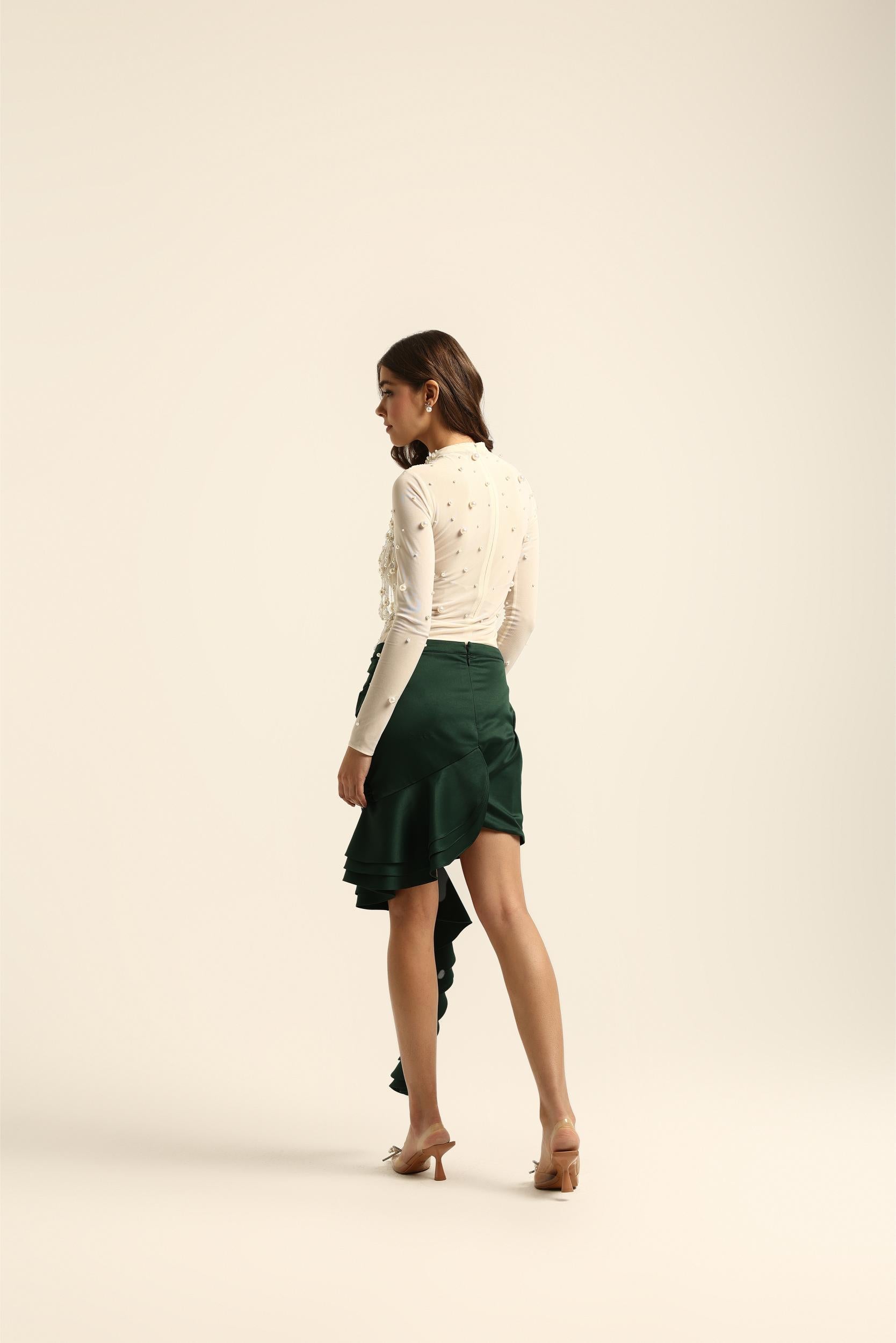 REYMA GREEN PLEATED RUFFLE SKIRT