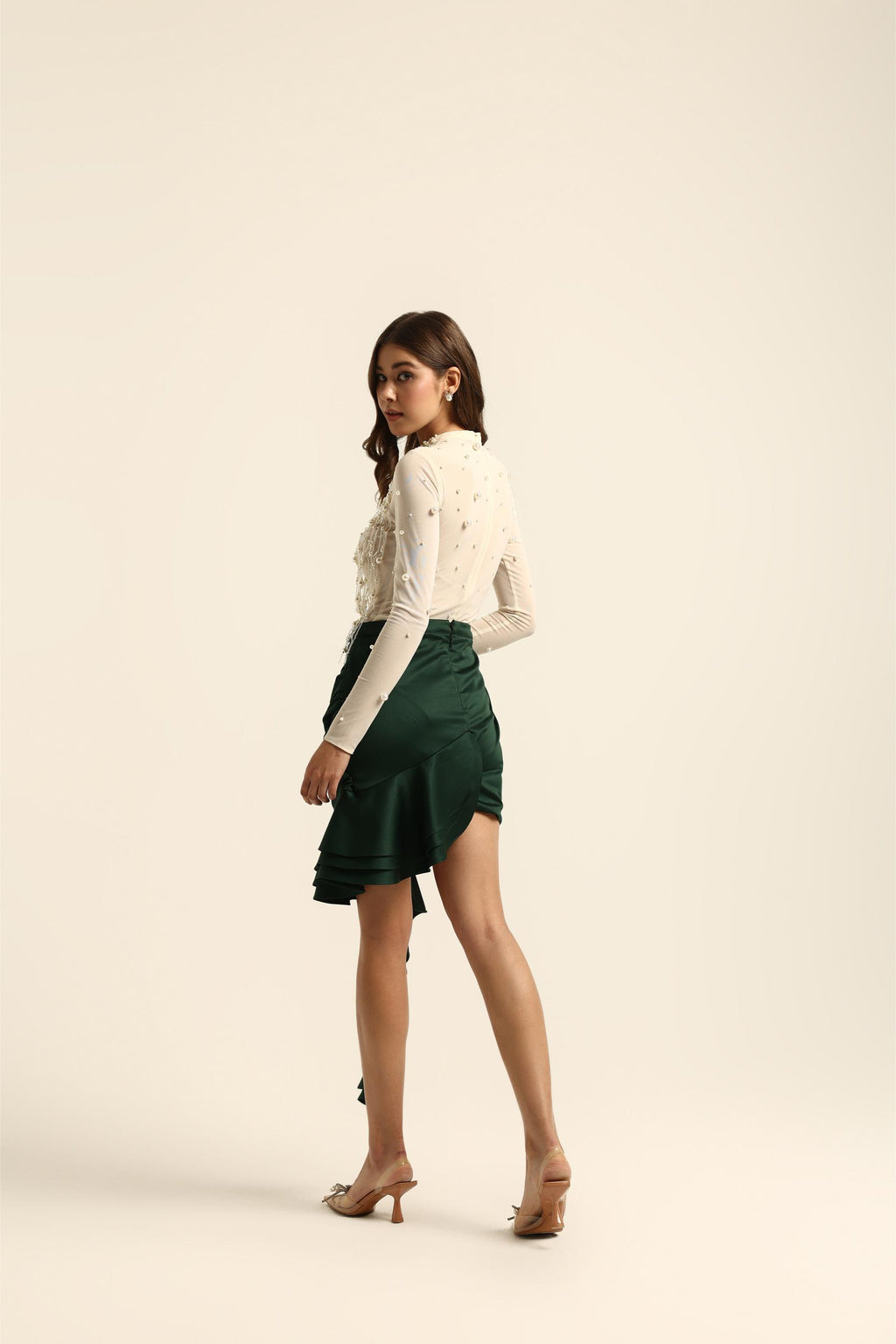 REYMA GREEN PLEATED RUFFLE SKIRT