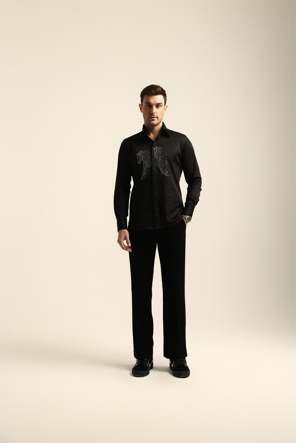 BLACK GALLOPING HORSES HAND EMROIDERED SHIRT