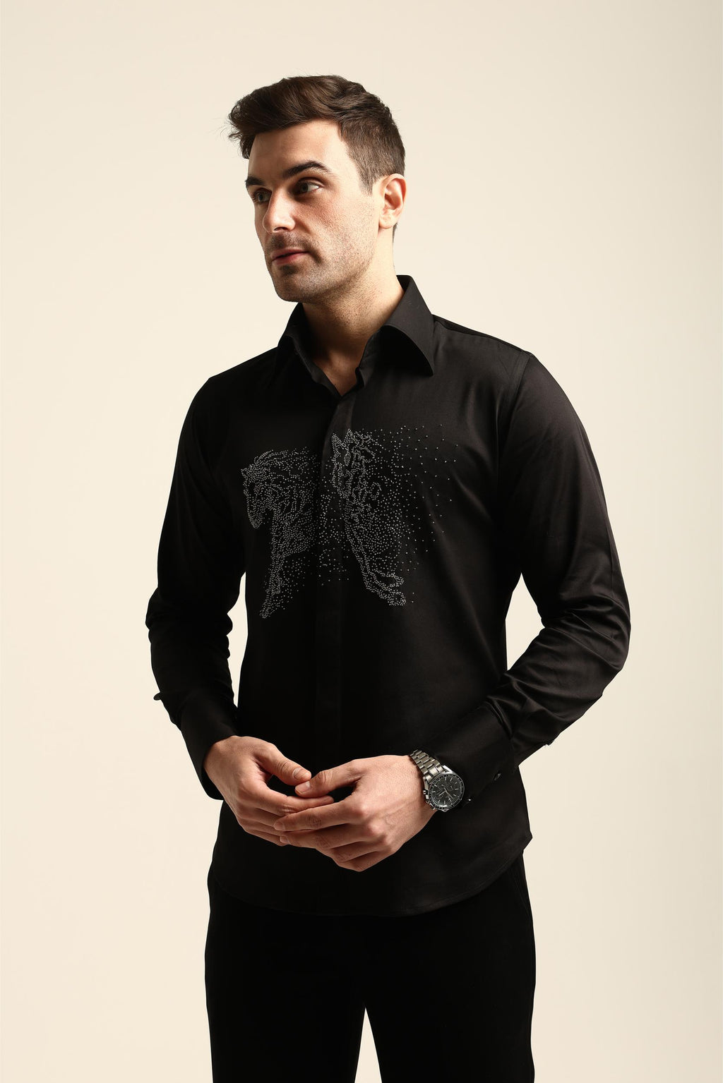 BLACK GALLOPING HORSES HAND EMROIDERED SHIRT