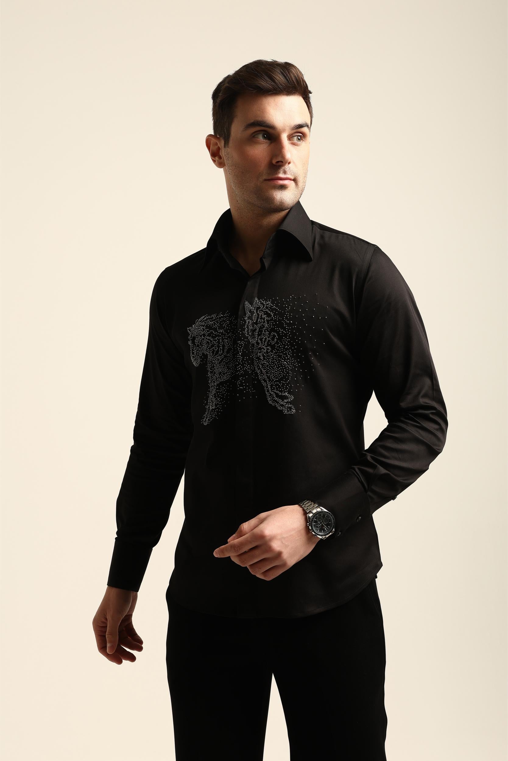 BLACK GALLOPING HORSES HAND EMROIDERED SHIRT