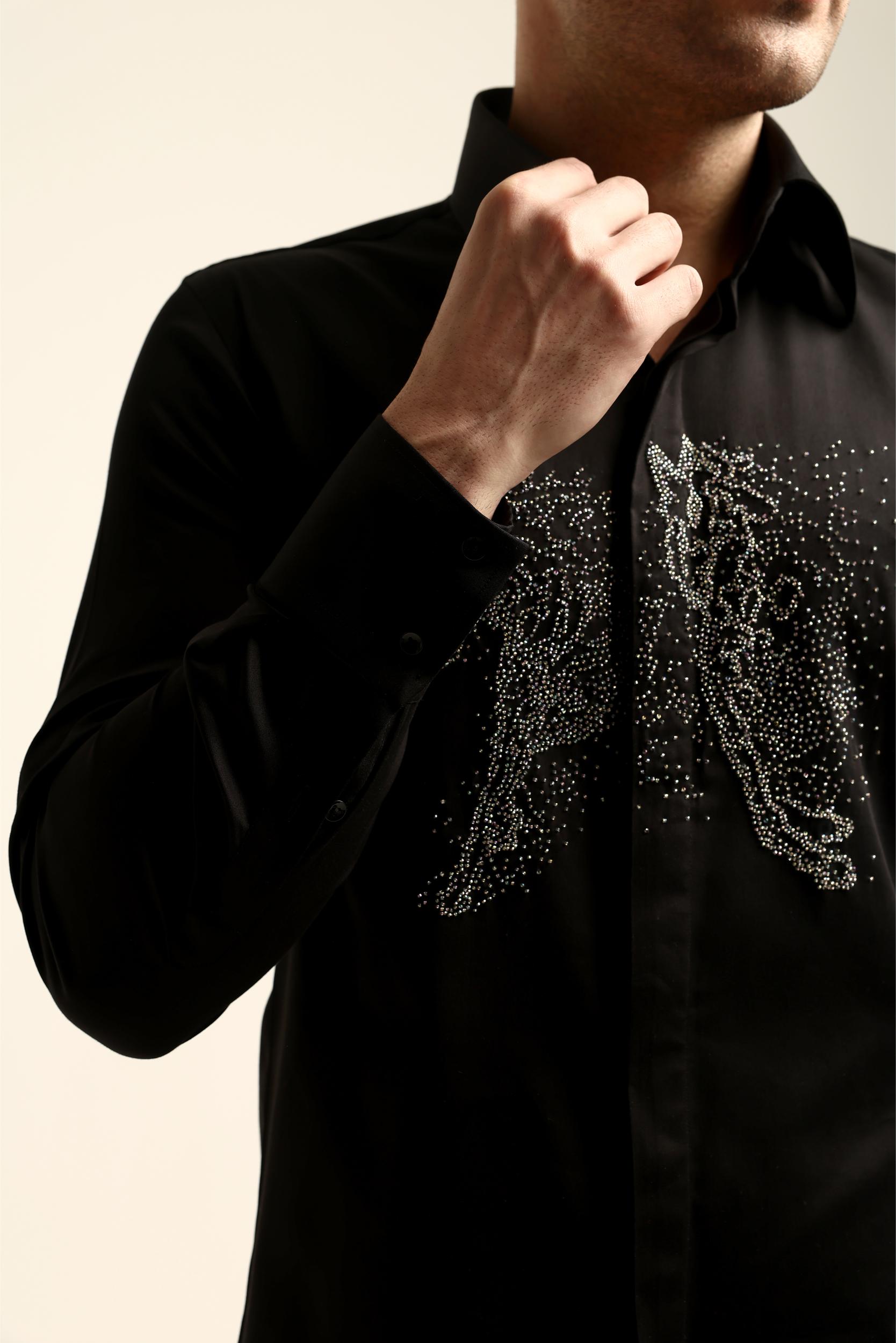 BLACK GALLOPING HORSES HAND EMROIDERED SHIRT