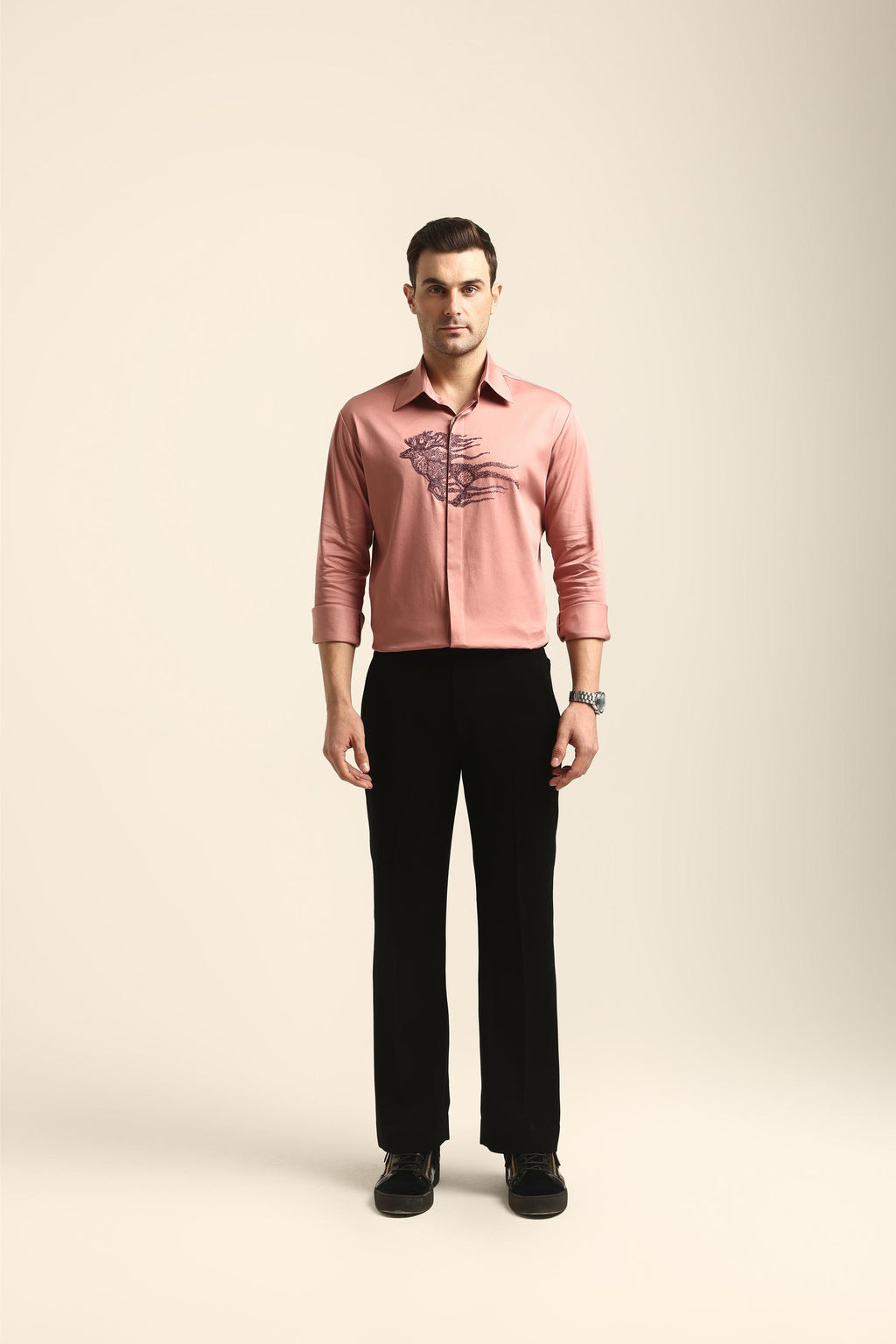 REINDEER PASTEL PINK HAND EMBROIDERED SHIRT