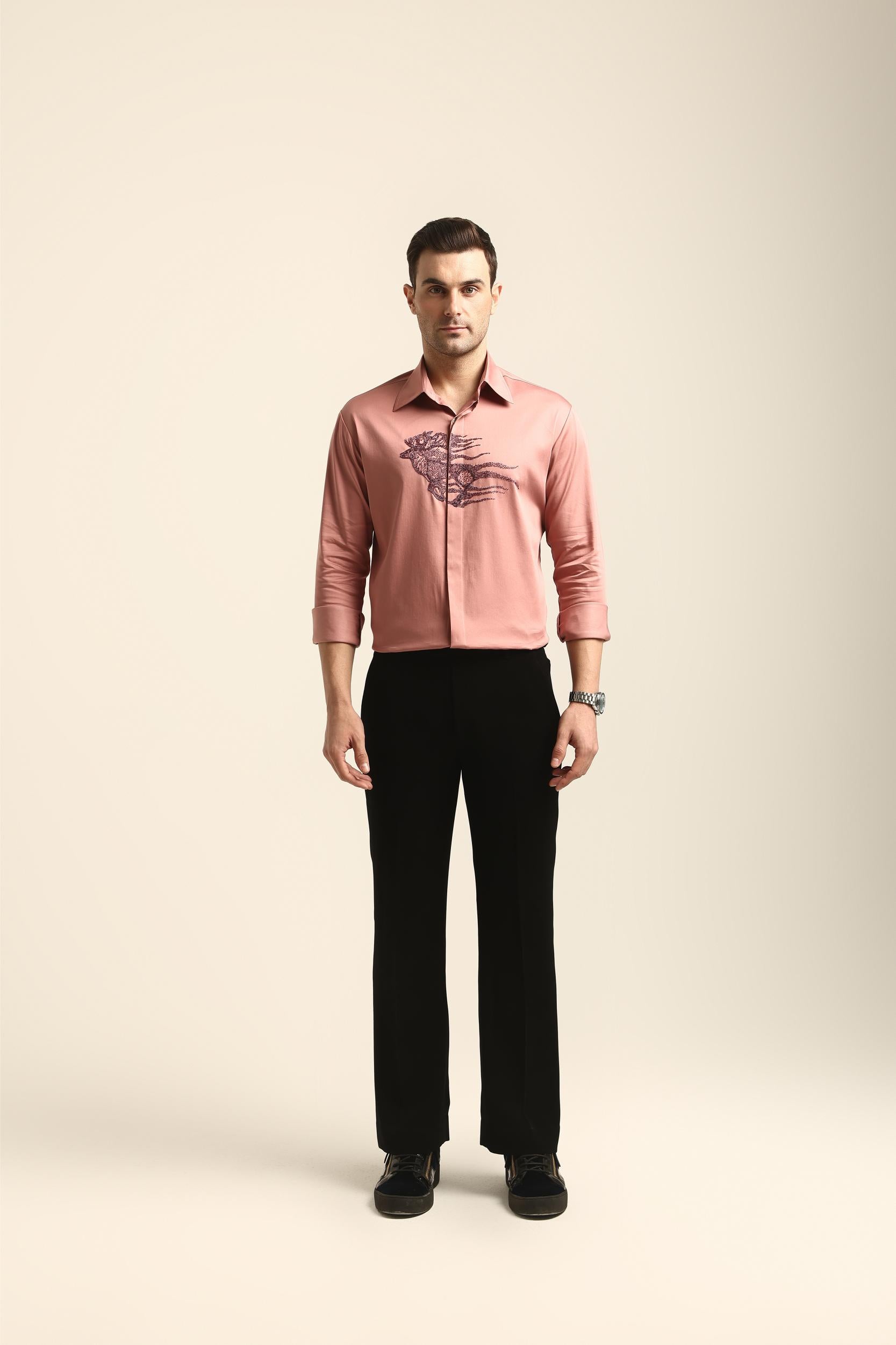 REINDEER PASTEL PINK HAND EMBROIDERED SHIRT