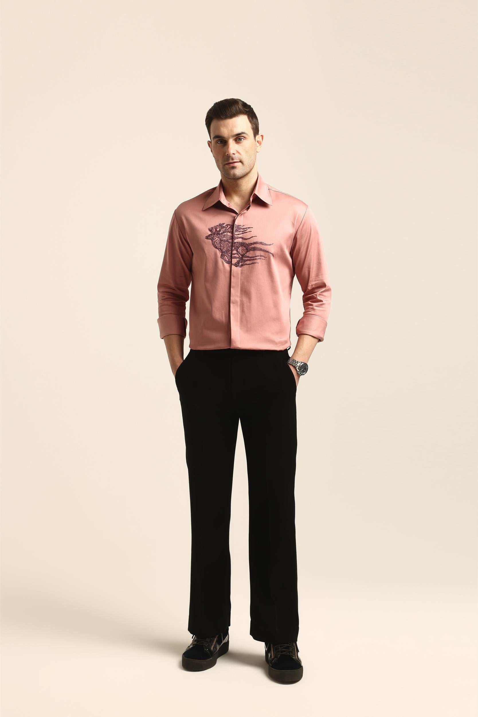 REINDEER PASTEL PINK HAND EMBROIDERED SHIRT