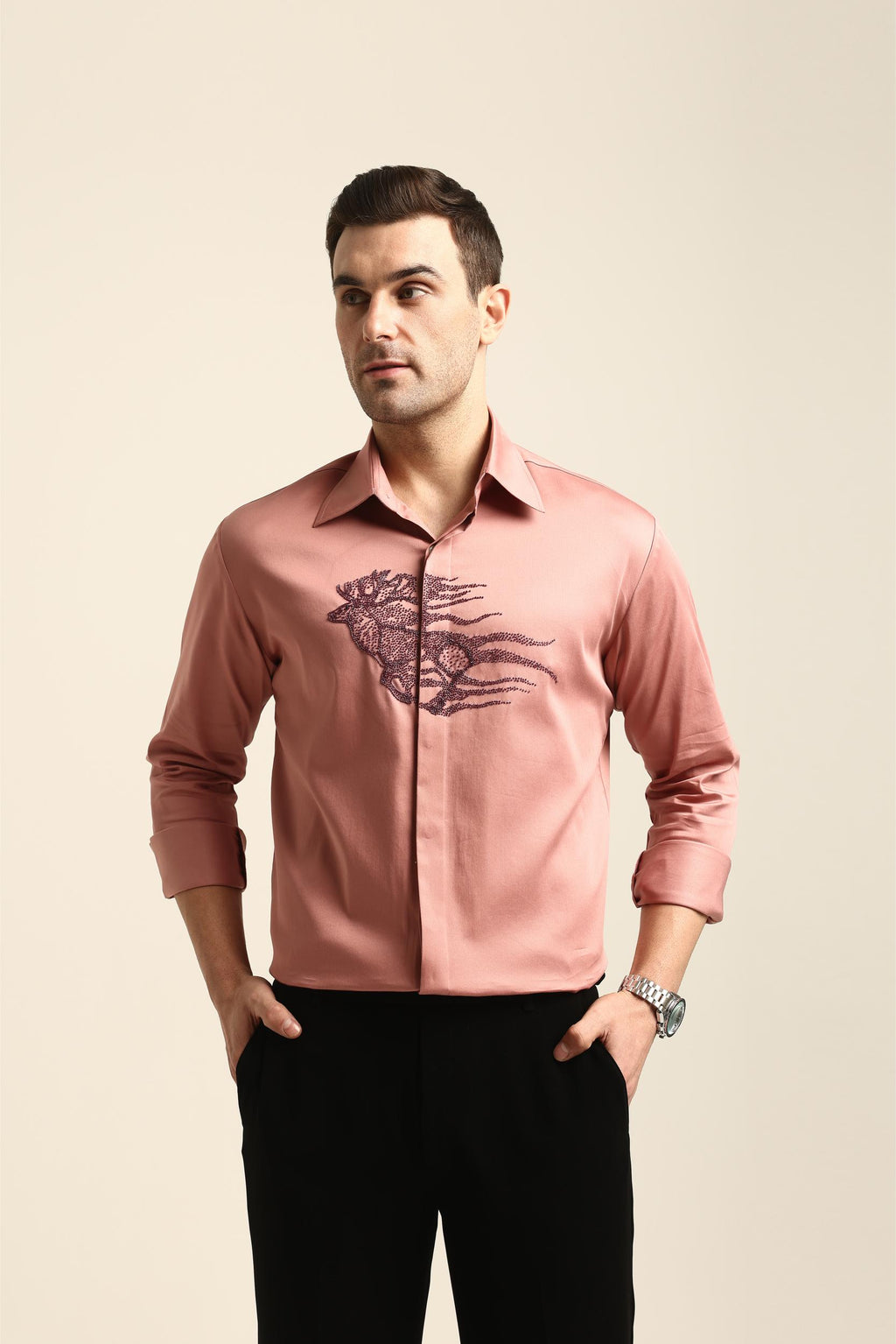 REINDEER PASTEL PINK HAND EMBROIDERED SHIRT