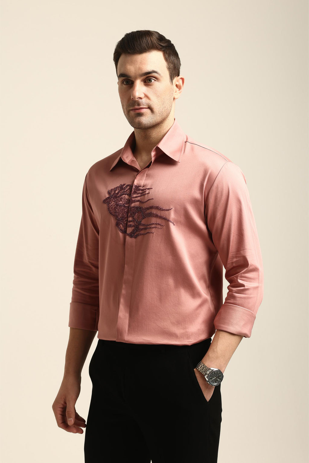 REINDEER PASTEL PINK HAND EMBROIDERED SHIRT