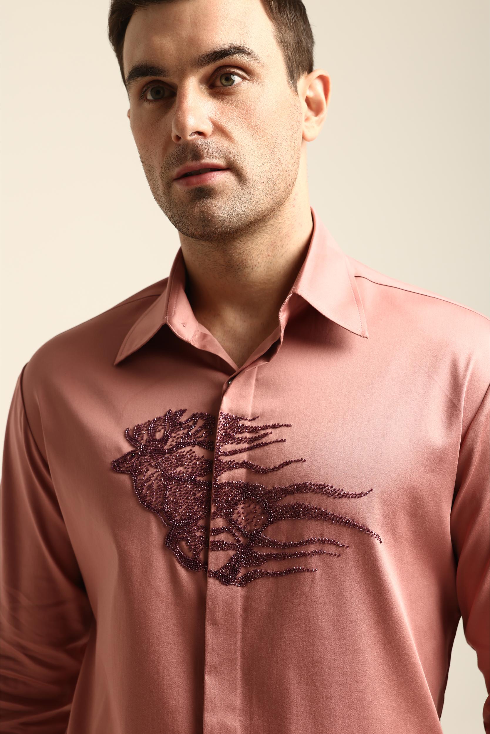 REINDEER PASTEL PINK HAND EMBROIDERED SHIRT