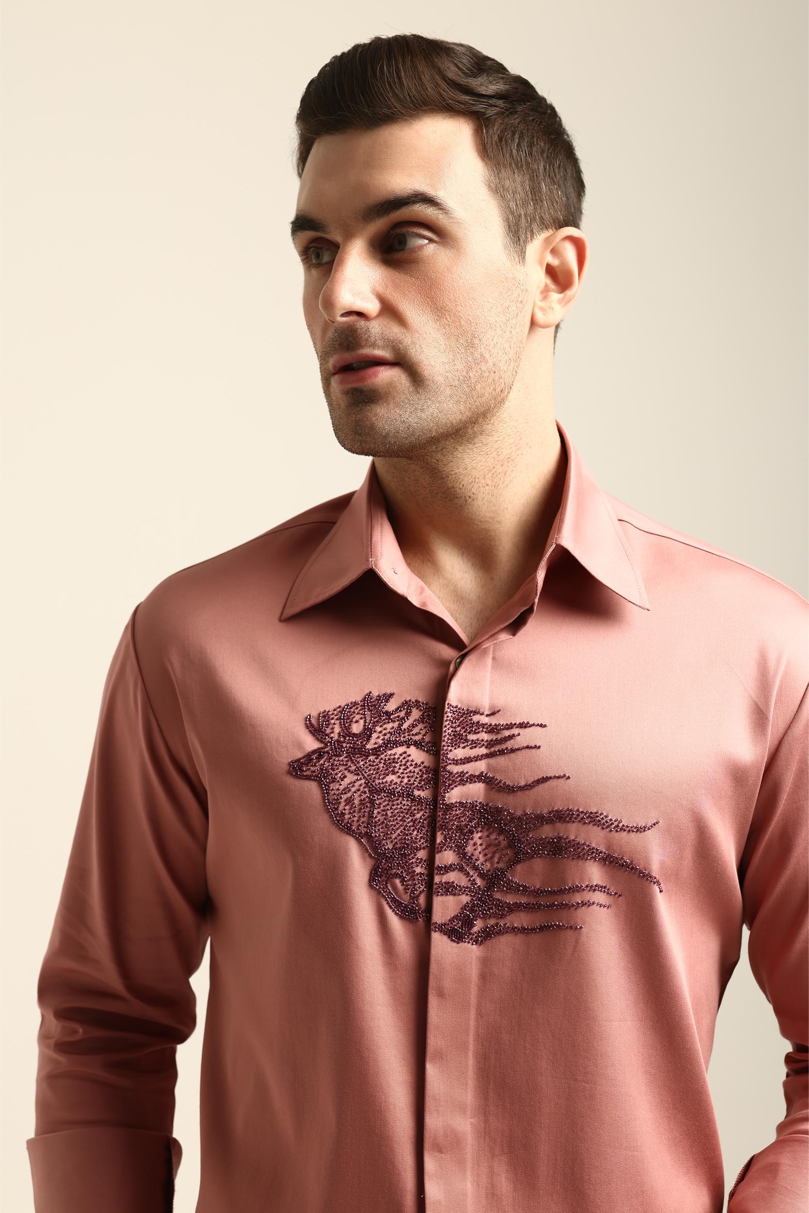 REINDEER PASTEL PINK HAND EMBROIDERED SHIRT