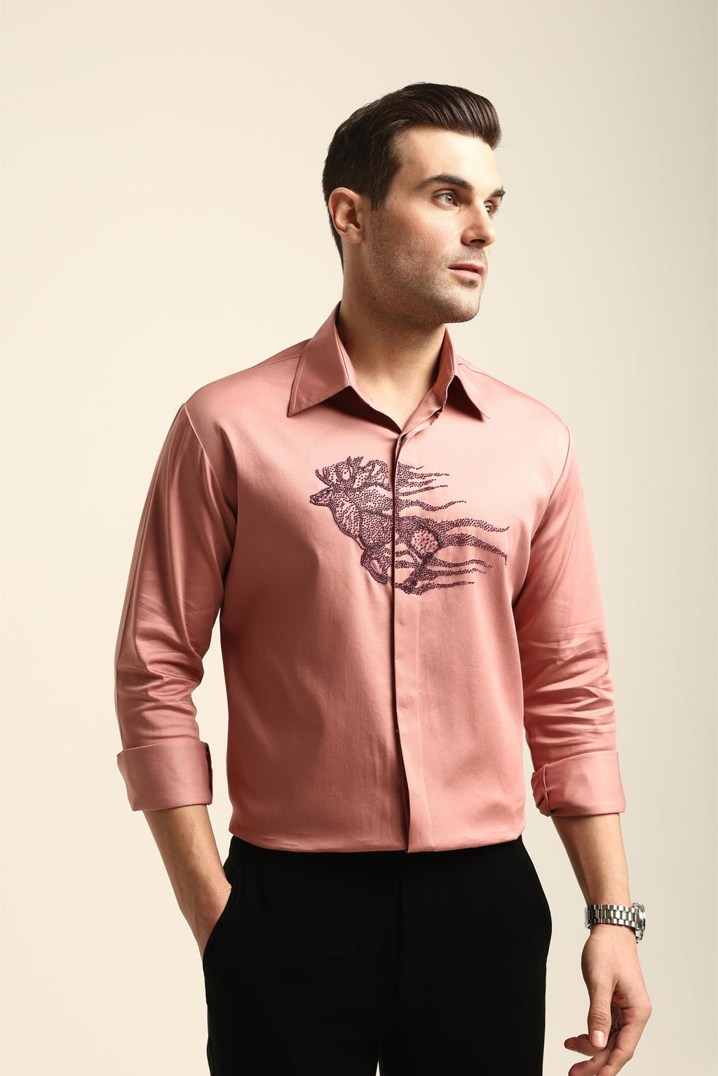 REINDEER PASTEL PINK HAND EMBROIDERED SHIRT