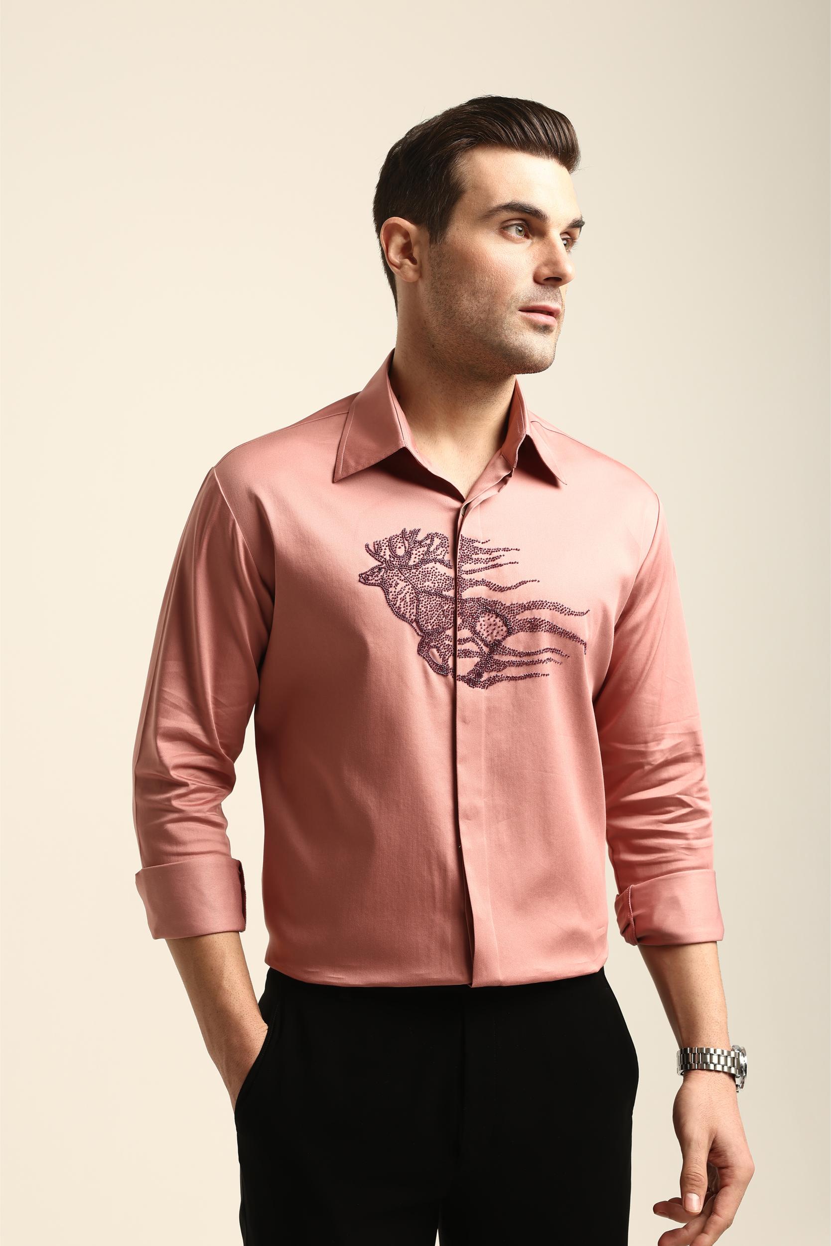 REINDEER PASTEL PINK HAND EMBROIDERED SHIRT