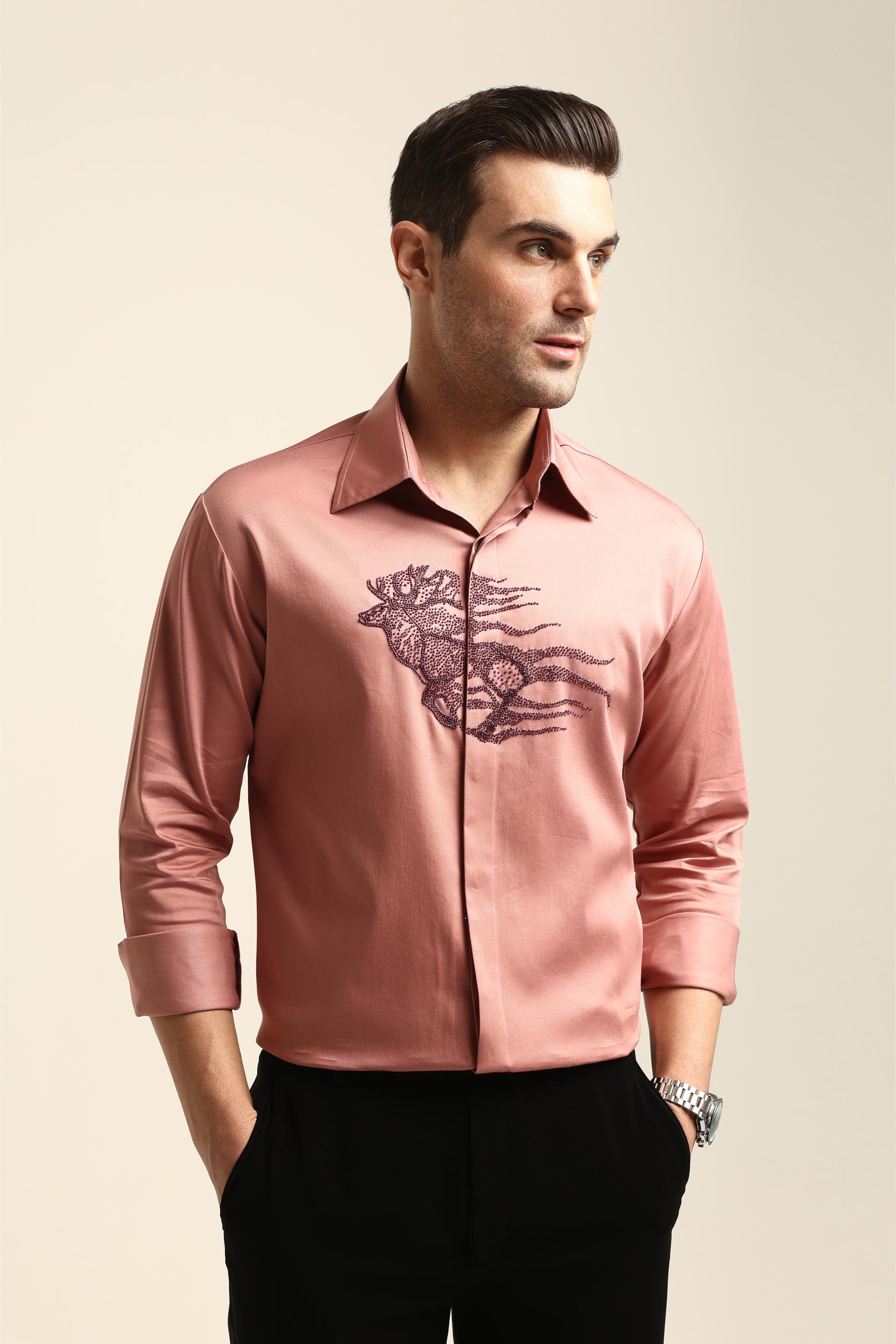 REINDEER PASTEL PINK HAND EMBROIDERED SHIRT