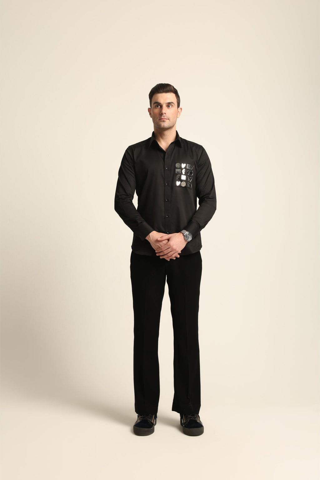 BLACK ACRYLIC SILVER REFLECTIVE CUTOUT DETAIL SHIRT