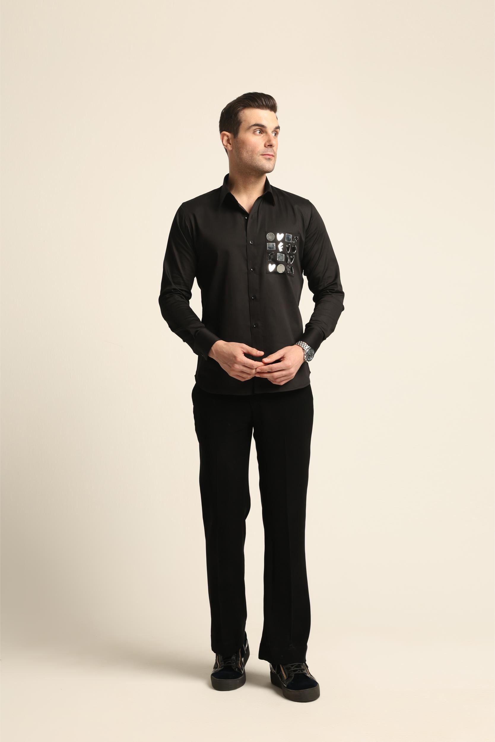 BLACK ACRYLIC SILVER REFLECTIVE CUTOUT DETAIL SHIRT