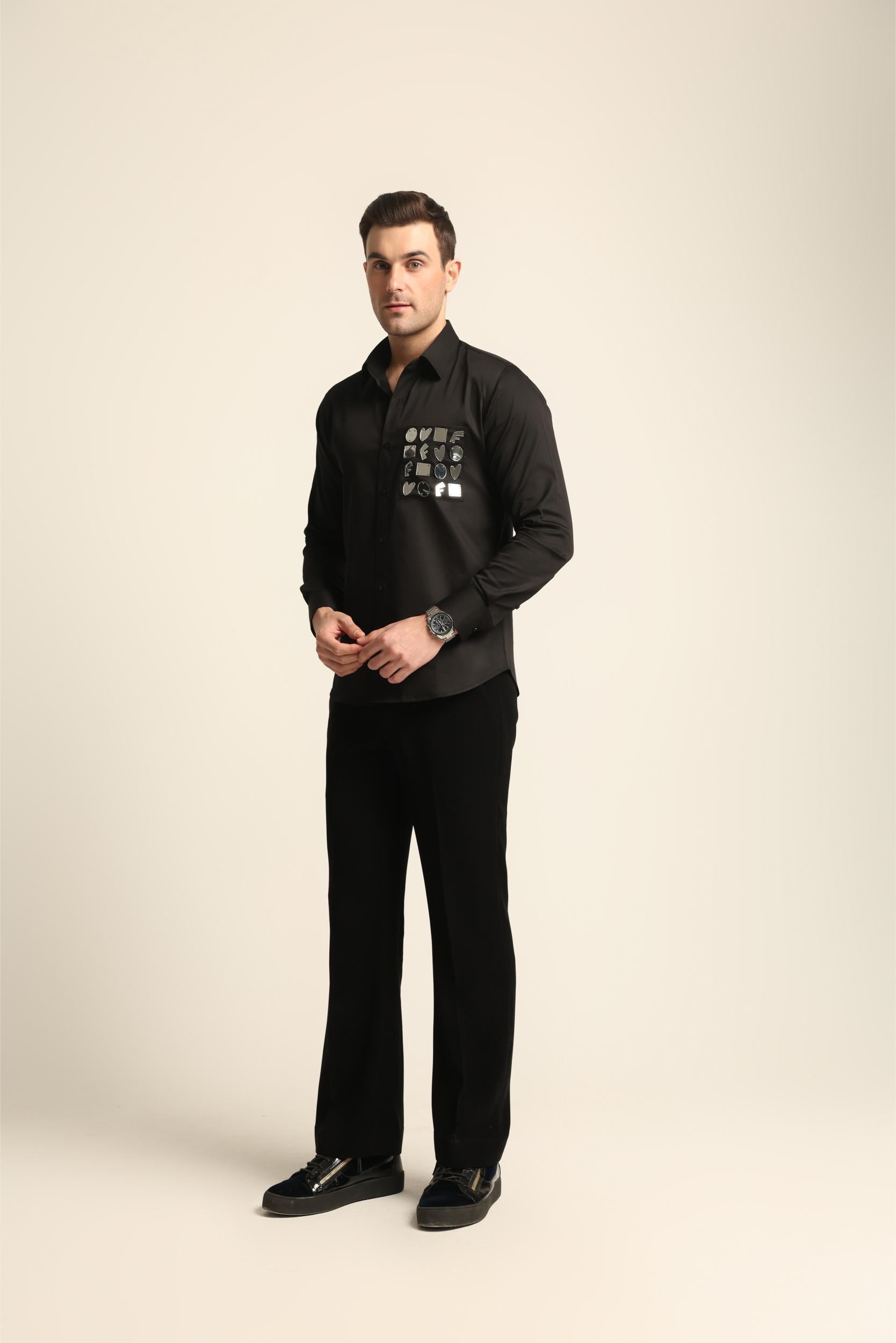 BLACK ACRYLIC SILVER REFLECTIVE CUTOUT DETAIL SHIRT