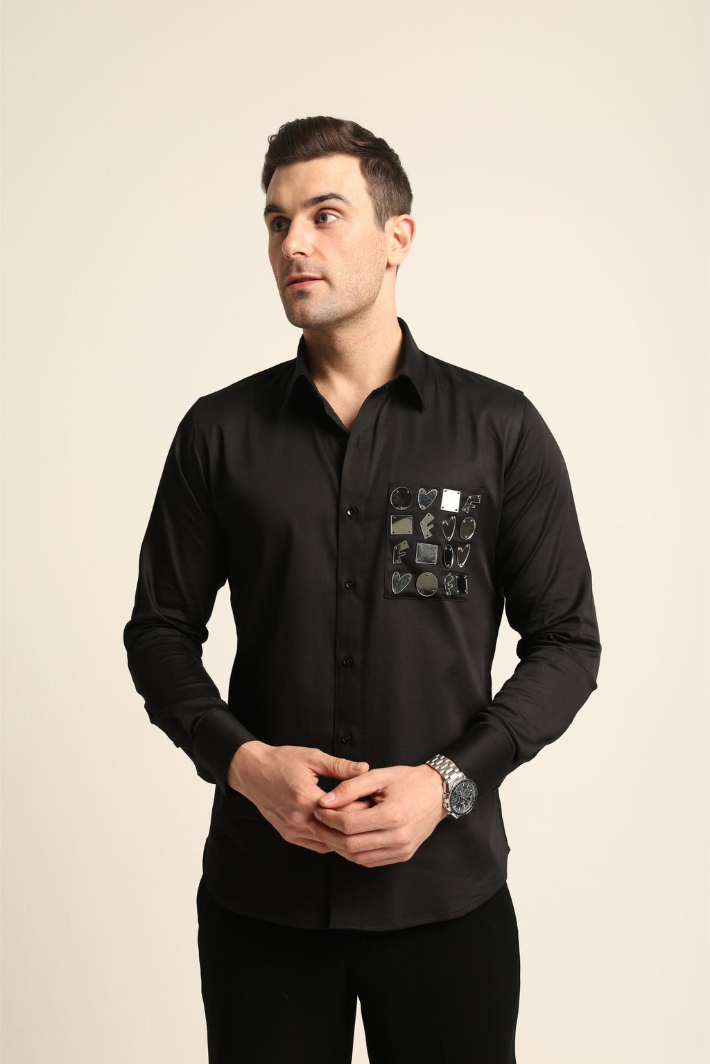 BLACK ACRYLIC SILVER REFLECTIVE CUTOUT DETAIL SHIRT