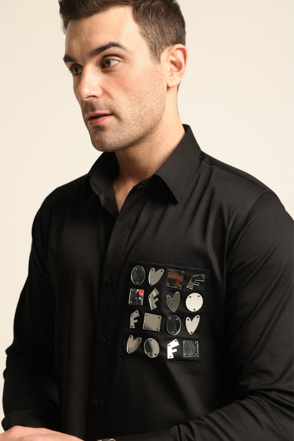 BLACK ACRYLIC SILVER REFLECTIVE CUTOUT DETAIL SHIRT