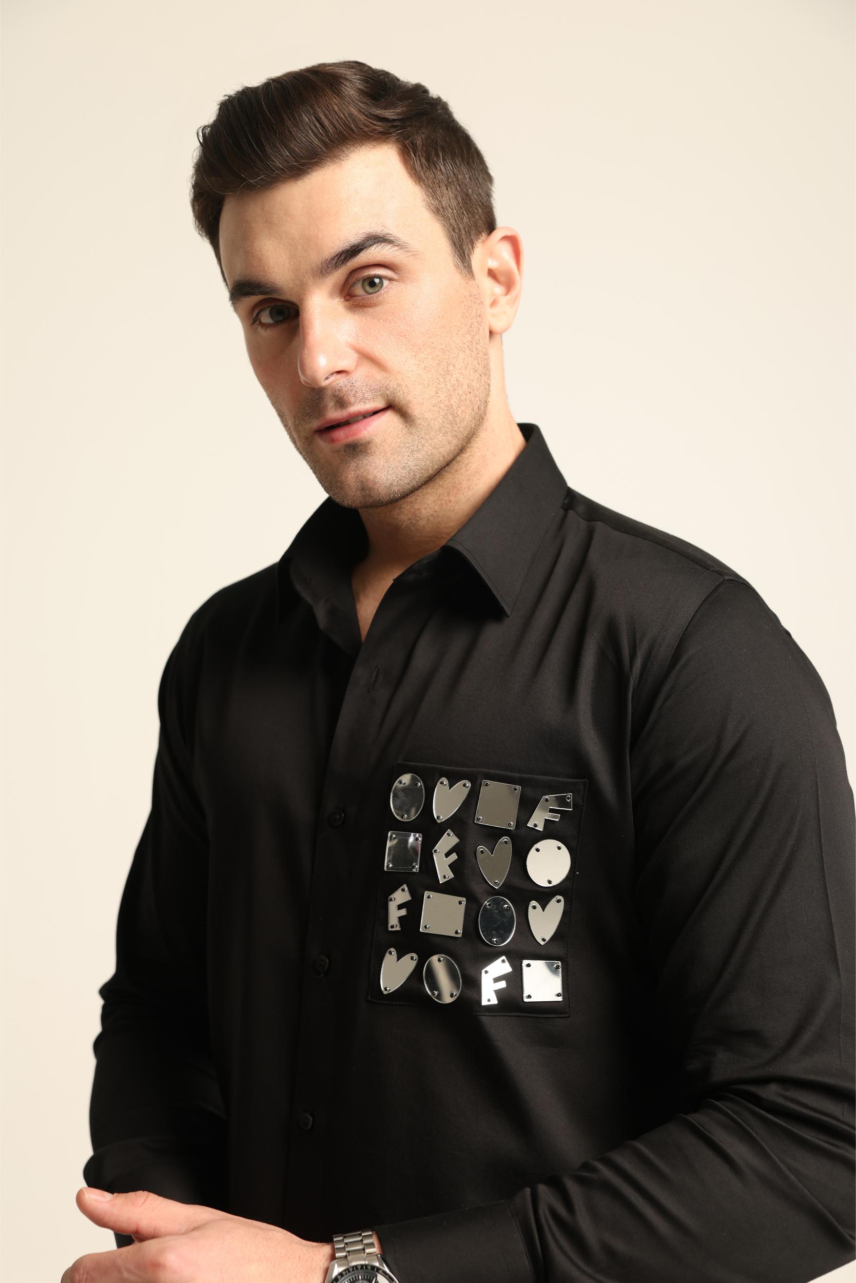 BLACK ACRYLIC SILVER REFLECTIVE CUTOUT DETAIL SHIRT