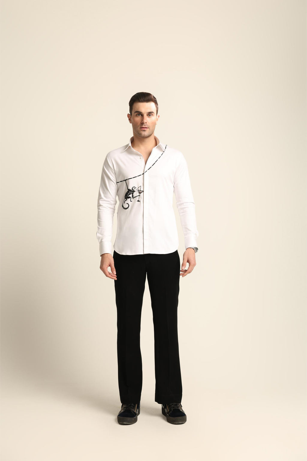 COCKTAIL MONKEY HAND EMBROIDERED WHITE SHIRT