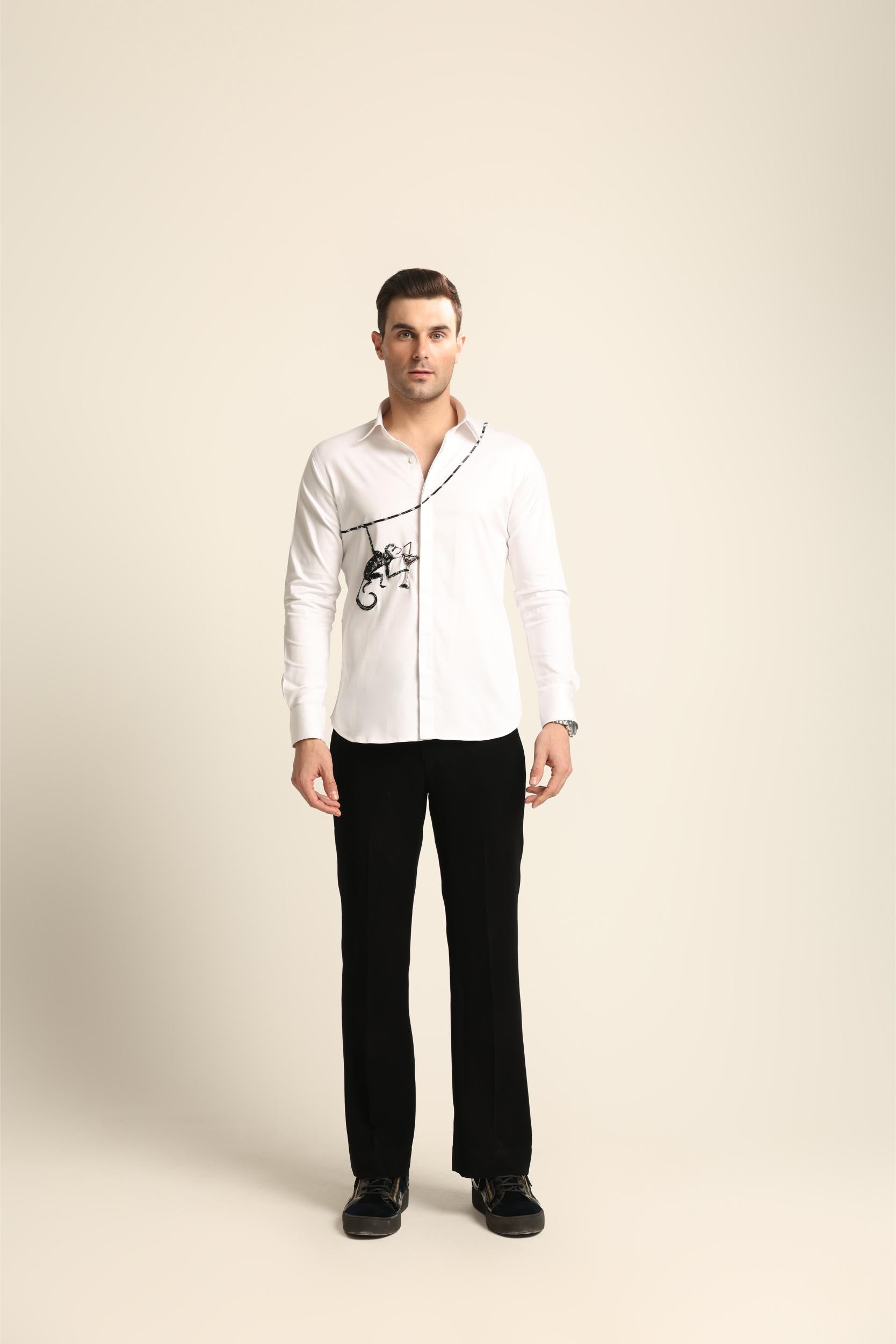COCKTAIL MONKEY HAND EMBROIDERED WHITE SHIRT