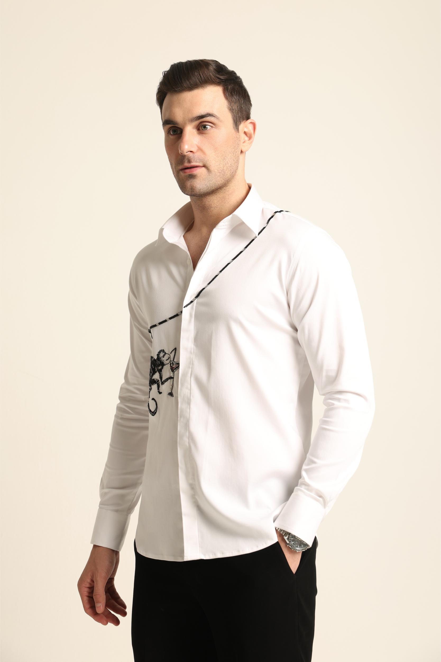 COCKTAIL MONKEY HAND EMBROIDERED WHITE SHIRT