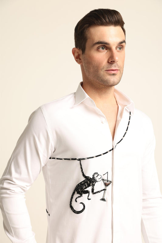 COCKTAIL MONKEY HAND EMBROIDERED WHITE SHIRT