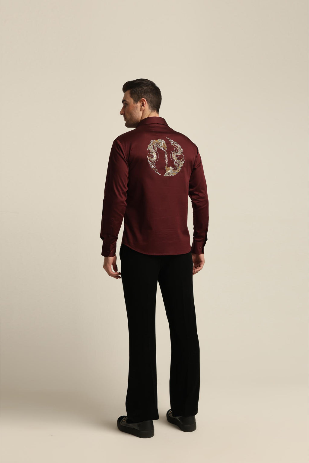 WINE AND GOLD DRAGON FISH YIN / YANG SHIRT