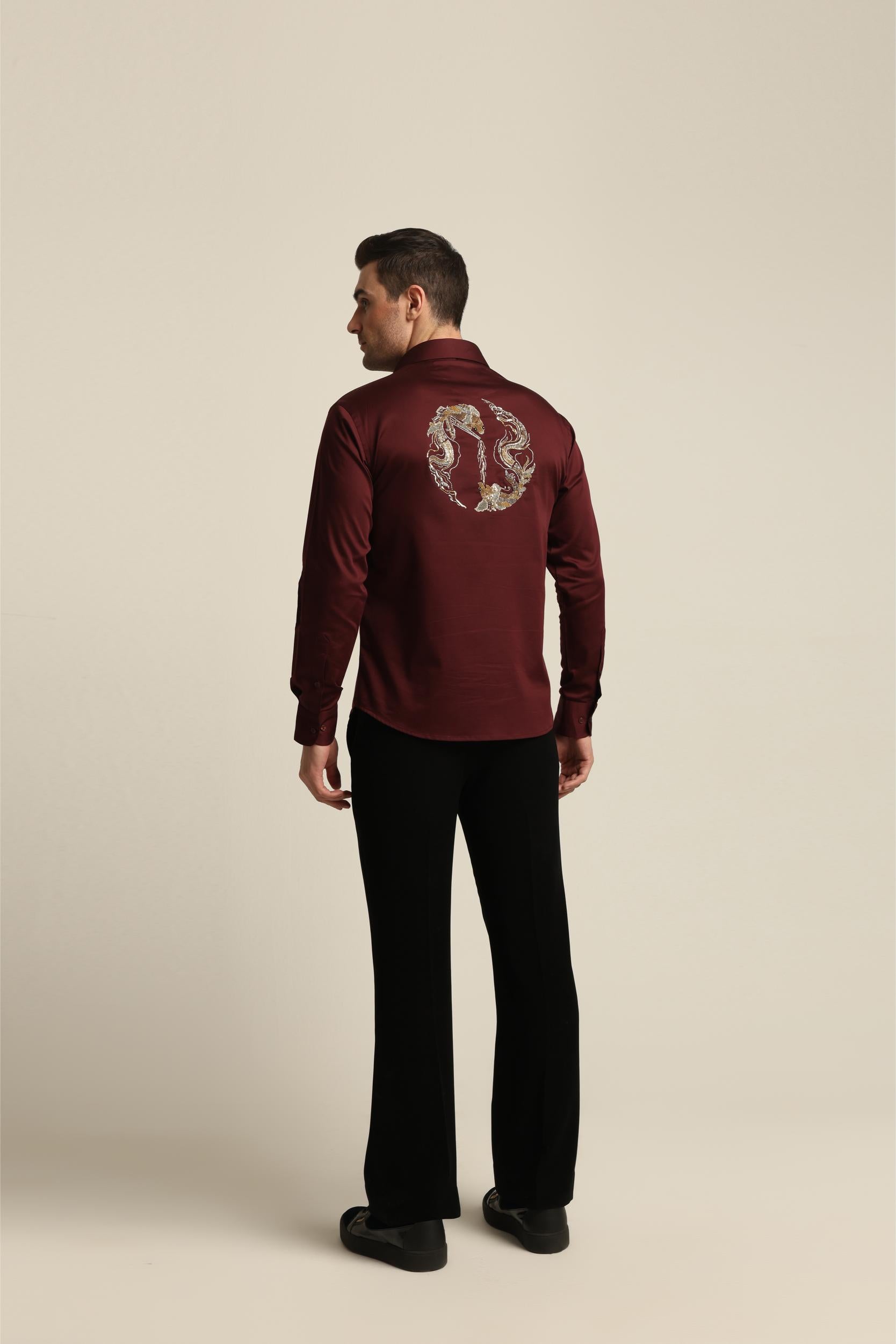 WINE AND GOLD DRAGON FISH YIN / YANG SHIRT