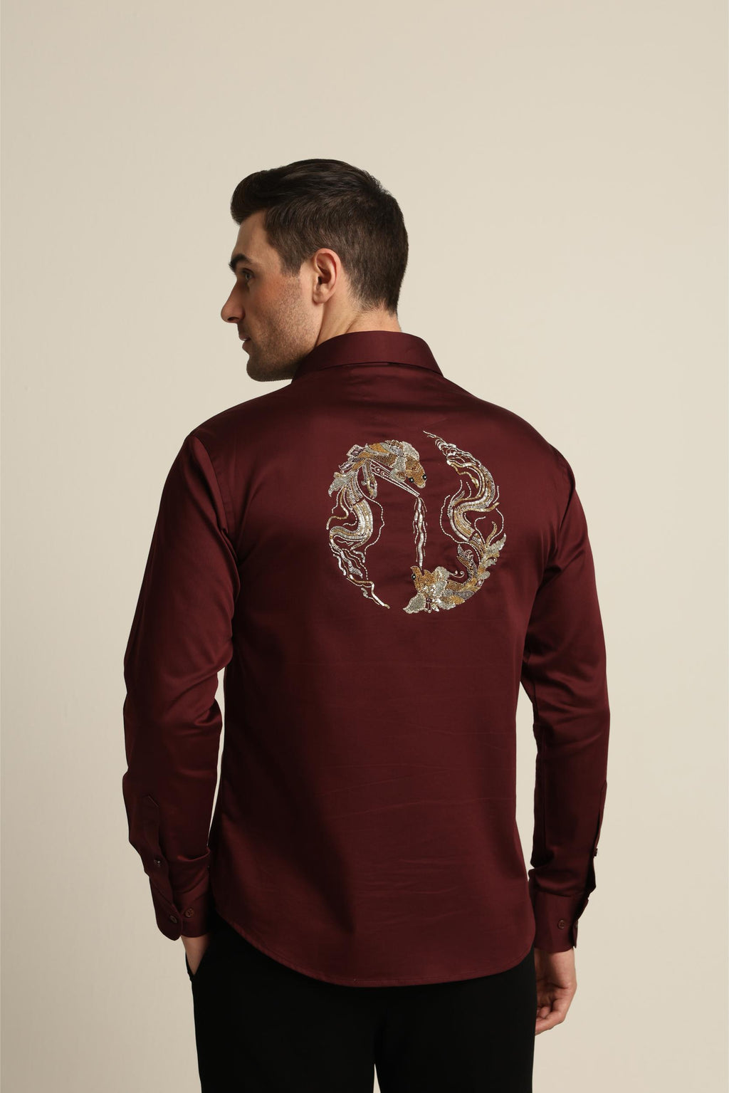 WINE AND GOLD DRAGON FISH YIN / YANG SHIRT