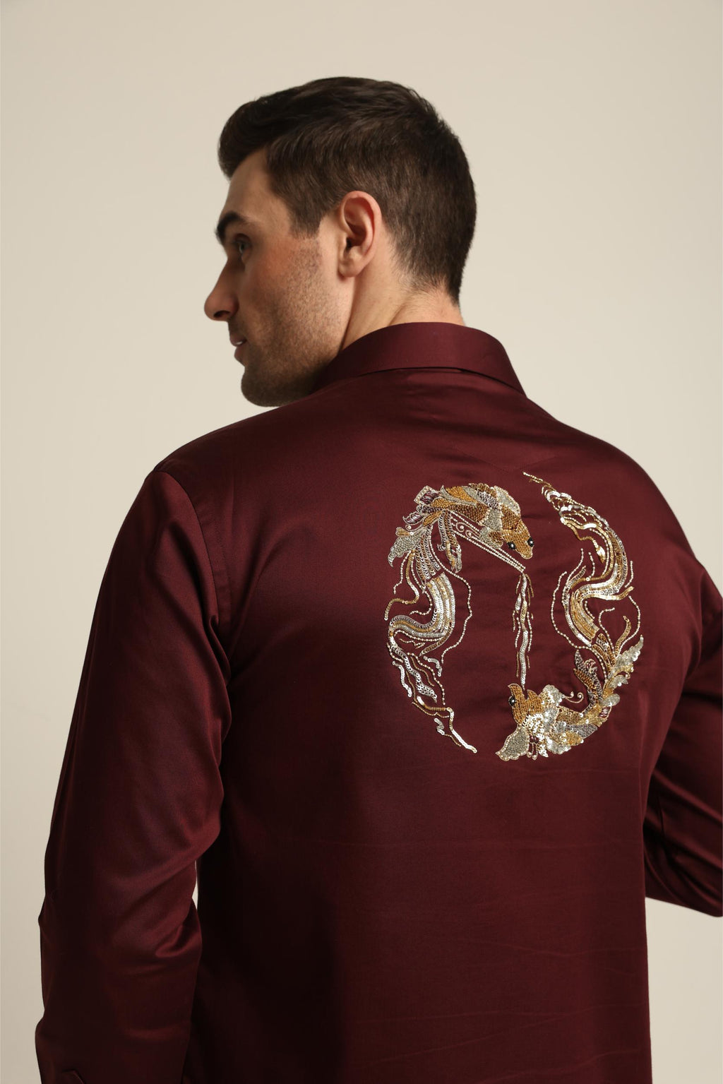 WINE AND GOLD DRAGON FISH YIN / YANG SHIRT