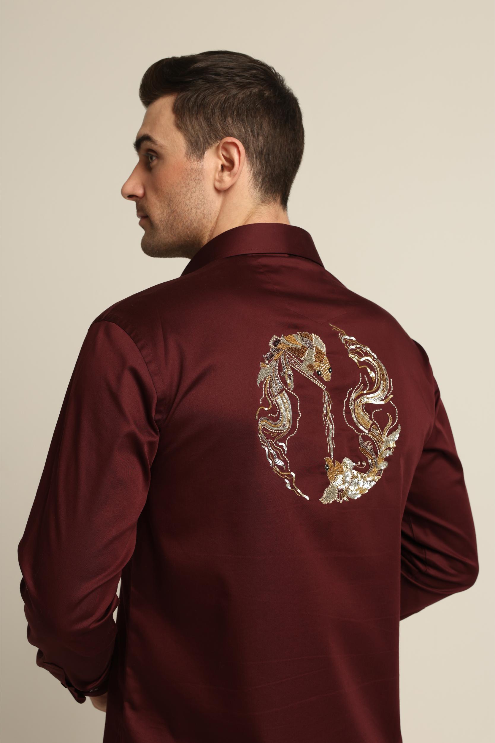 WINE AND GOLD DRAGON FISH YIN / YANG SHIRT