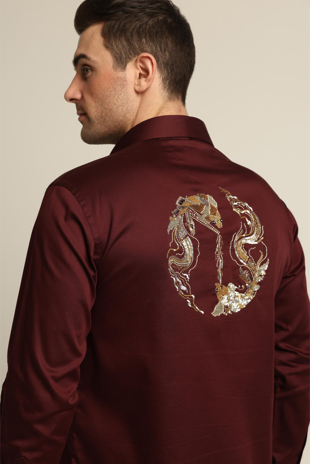 WINE AND GOLD DRAGON FISH YIN / YANG SHIRT